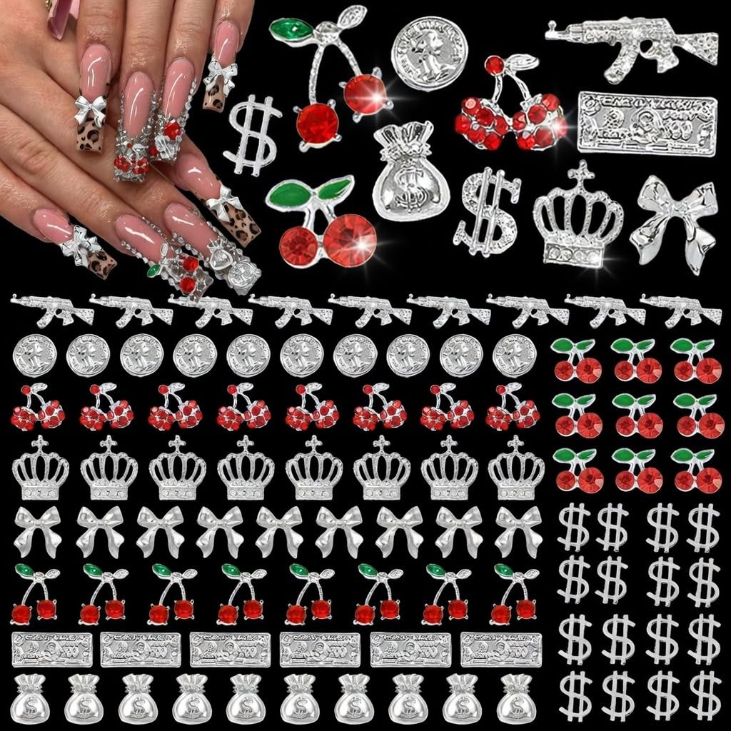 Pizadix 106Pcs Silver Red Nail Art Charms, 3D Cherry Money Bag Coin Gun Cross Jewelry, Y2K Retro Luxury Designer Nail Supplies