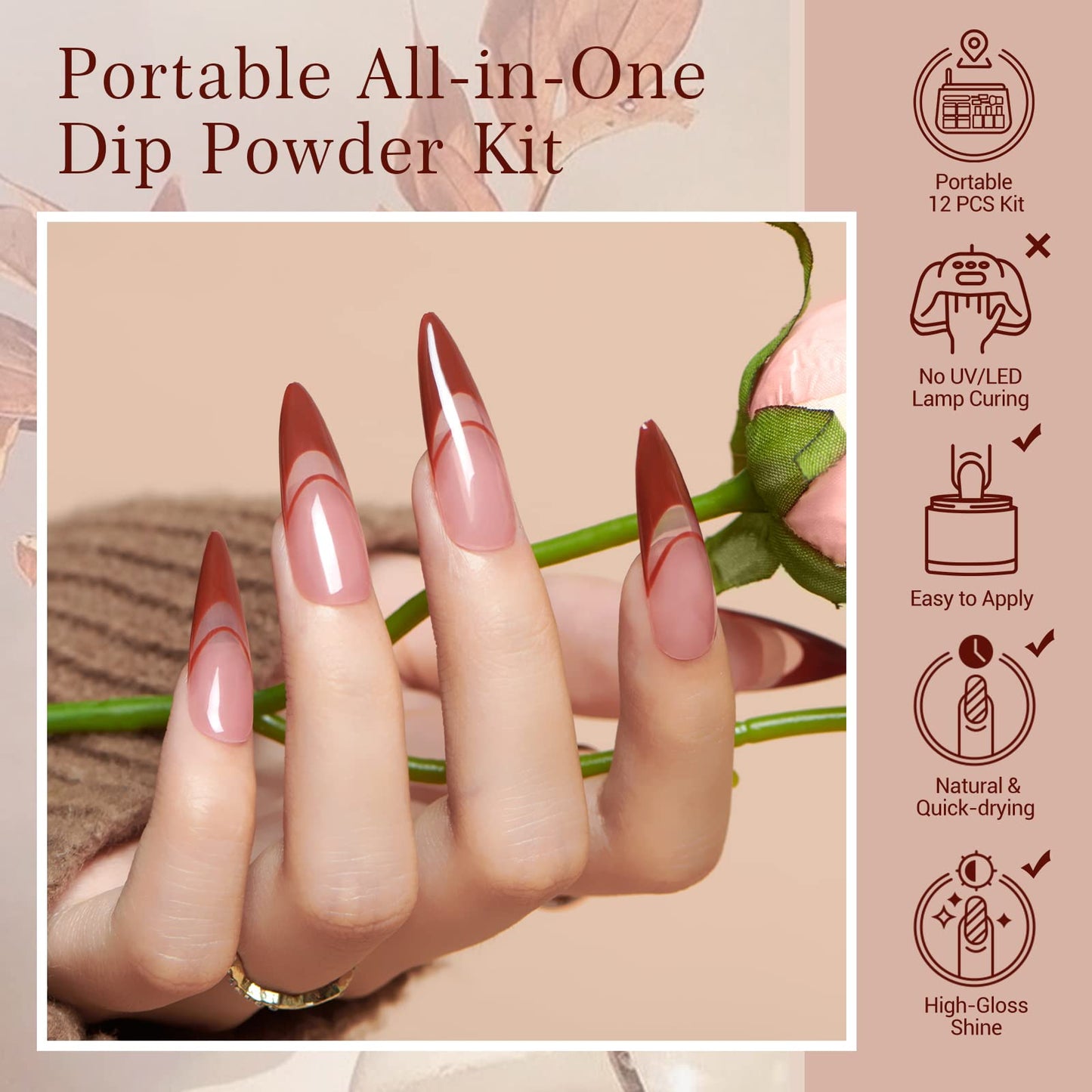 AZUREBEAUTY Dip Powder Nail Kit Starter, 4 Colors Skin Nude Brown Glitter, Dipping Powder Liquid Set with Base/Top Coat Activator for Daily French Nail Art Manicure DIY Gift 12 Pcs