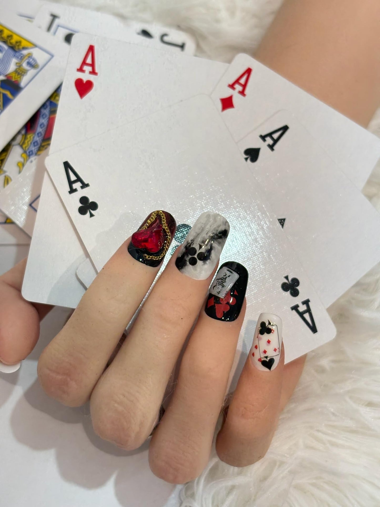 SIMAYKUWA 3D Self-Adhesive Nail Stickers - Poker Theme with Hearts & Diamonds, Trendy Fashion Nail Art Designs for Women A Set of 2 Sheets