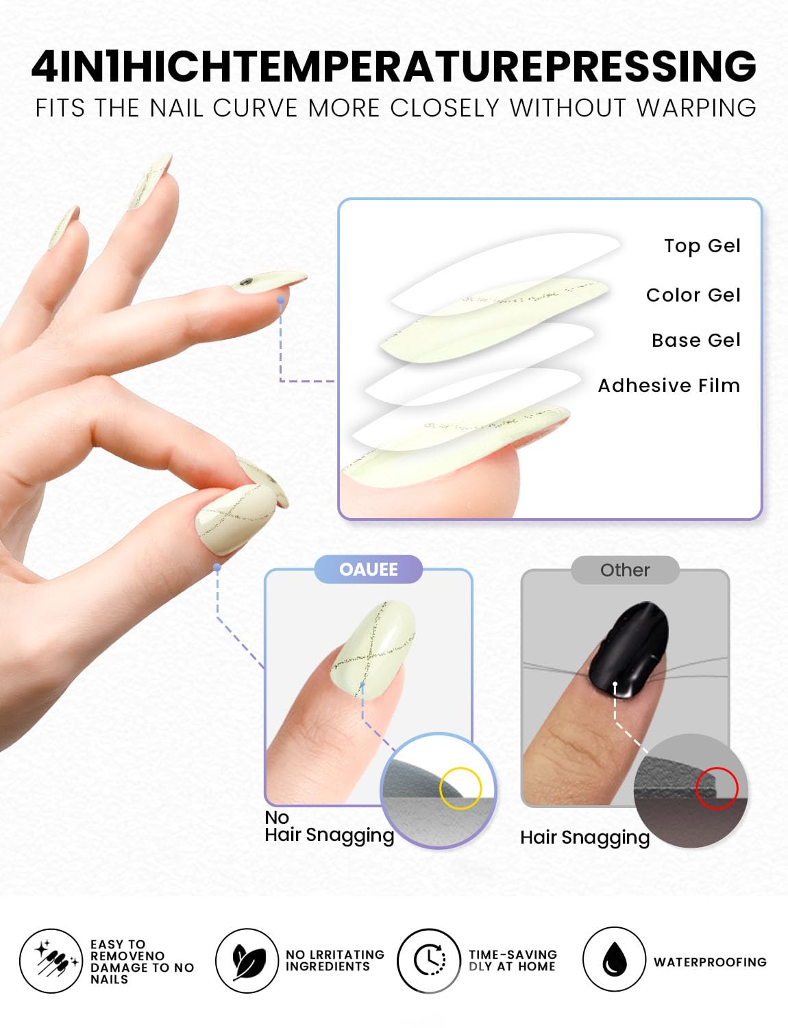 Oauee Semi Cured Gel Nail Strips | Built-In Gel Top Coat | UV Light Required | Salon Quality, Easy Application And Removal (Golden Whisper)