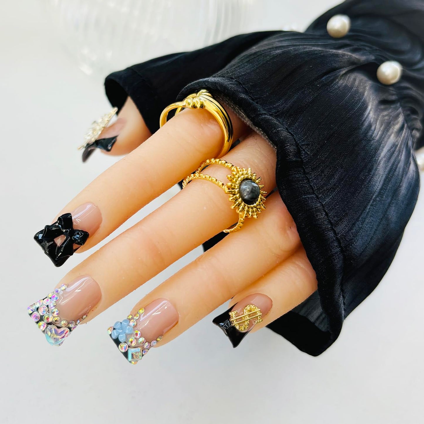 10pcs Handmade Press on Nails for Women - Medium Duck Curve 3D Thick Acrylic Fake Nails Reusable,Designer Floral Butterfly Rhinestones Bling Boho Funky Y2k Nail-art Set,M,black
