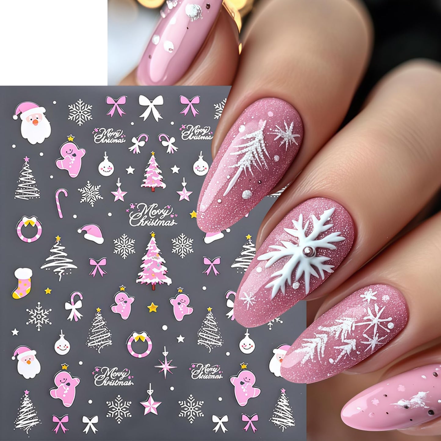 8 Sheets Glitter Christmas Nail Art Stickers Gold Snowflake Nail Decals Santa Claus Gingerbread Man Star Nail Design Snowmen Plaid Bow Christmas Lights Nail Supplies for Women DIY Nails Accessories