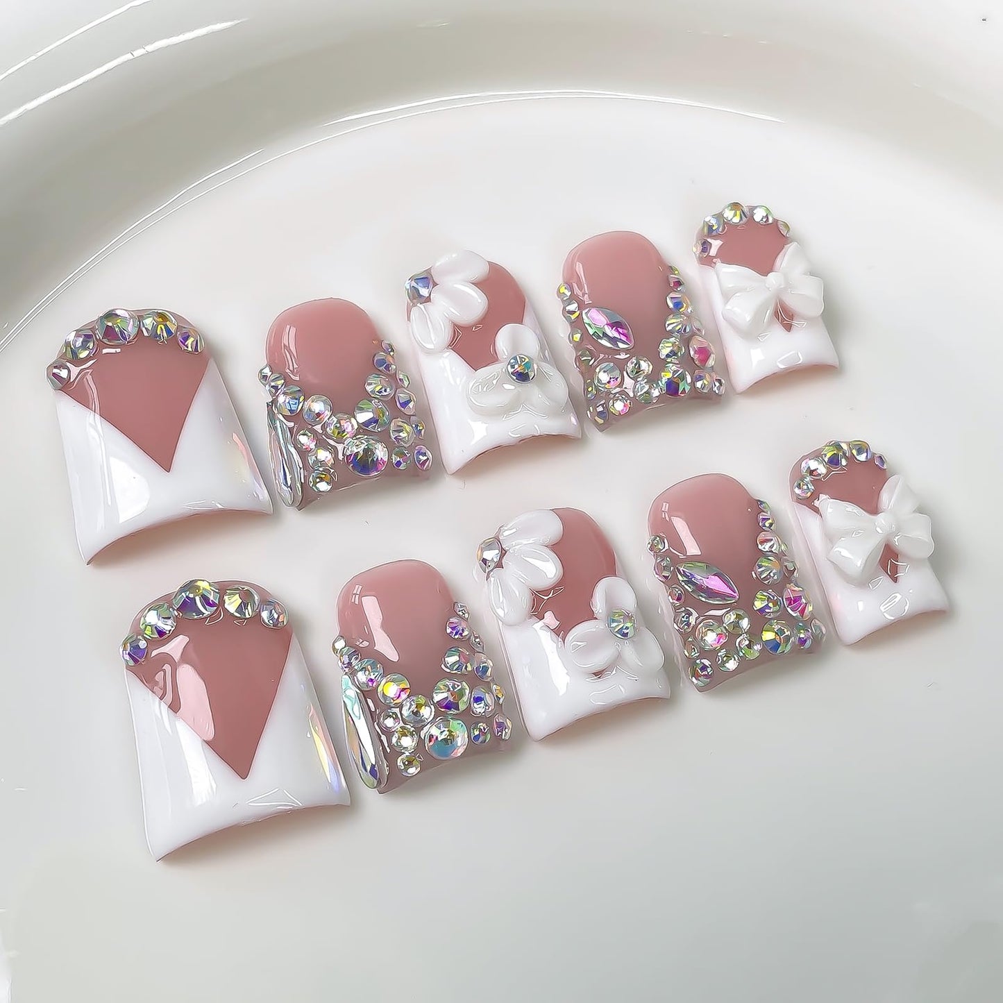 Luxury Press on Nails Short Duck Handmade 3D Unique Reusable ABS Material Fake Nails White French Tip False Nails with Designs Flower Rhinestones Bow Elegant Glossy Glue on Nail Thick Acrylic Nail(M)