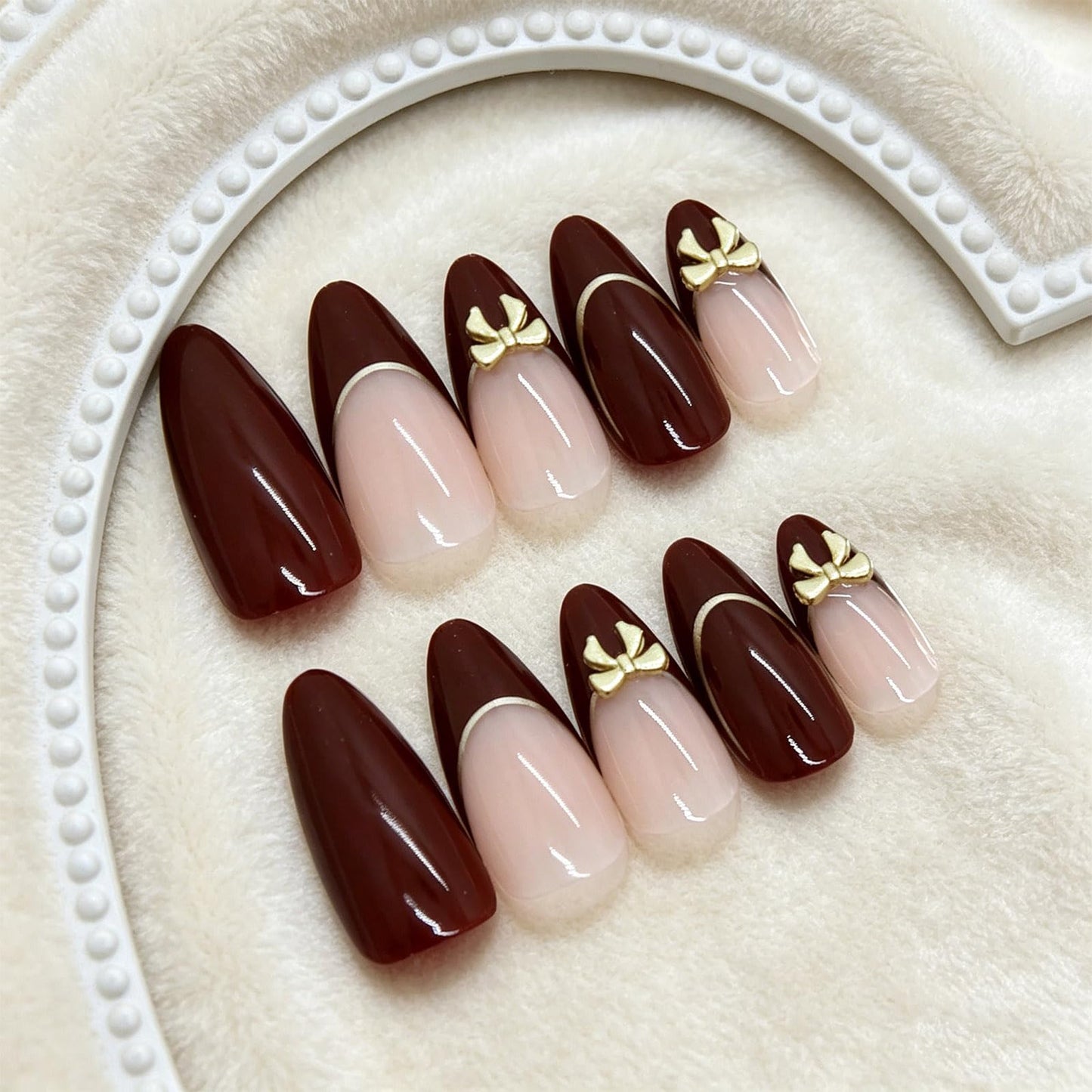 Burgundy Nude Press on Nails Glossy Gold Bow Medium Almond Fake Nail French Tips False Nails with Metallic Line Design Elegant Stick on Nail Simple Glue on Artificial Fingernails for Women Daily Wear