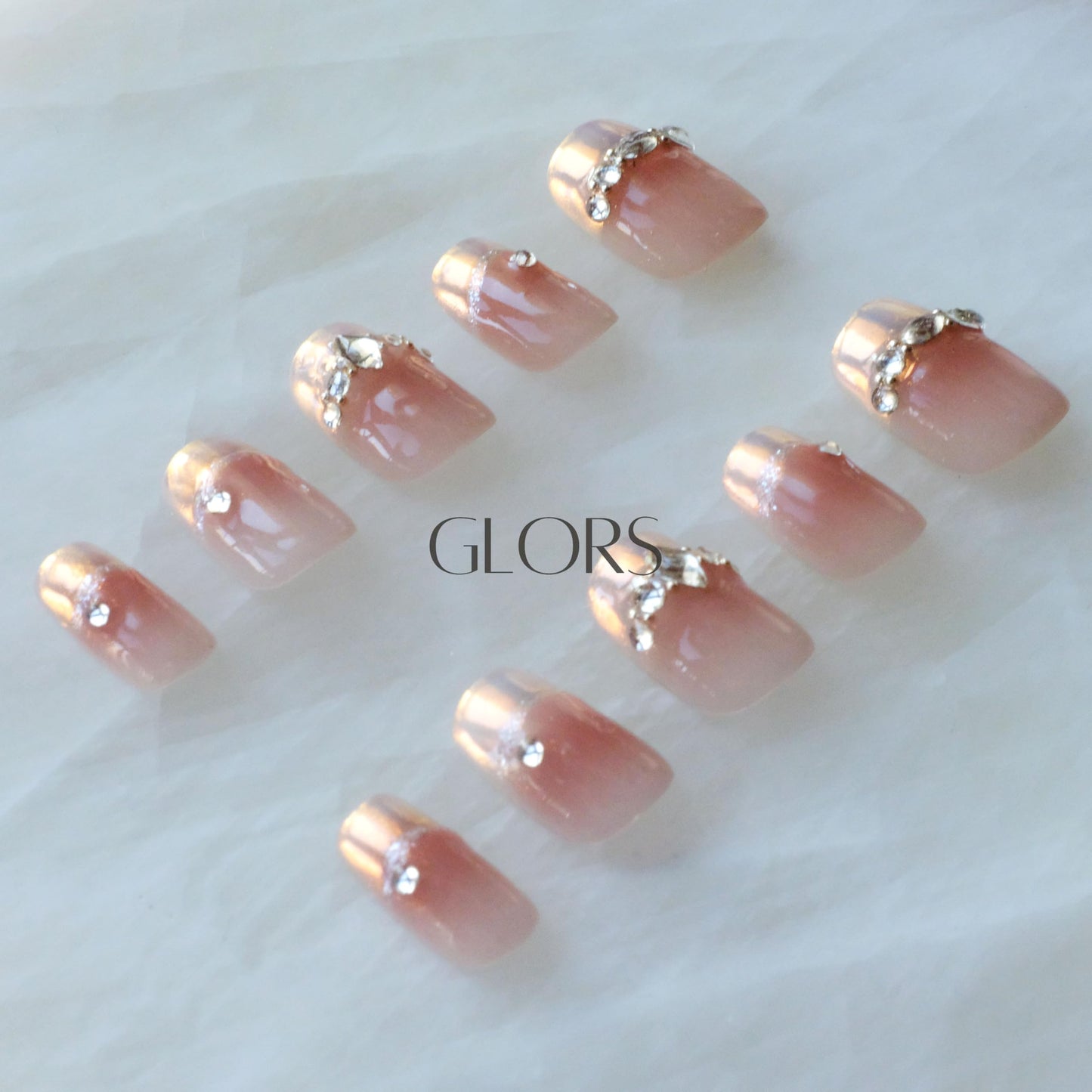 [GLORS] Purely Handmade Press On Nails | Moon Dream - French-style Pink Nail Tips with Diamond | Salon Quality Fake False Nails in Short Square 10 pieces (XS, SS)