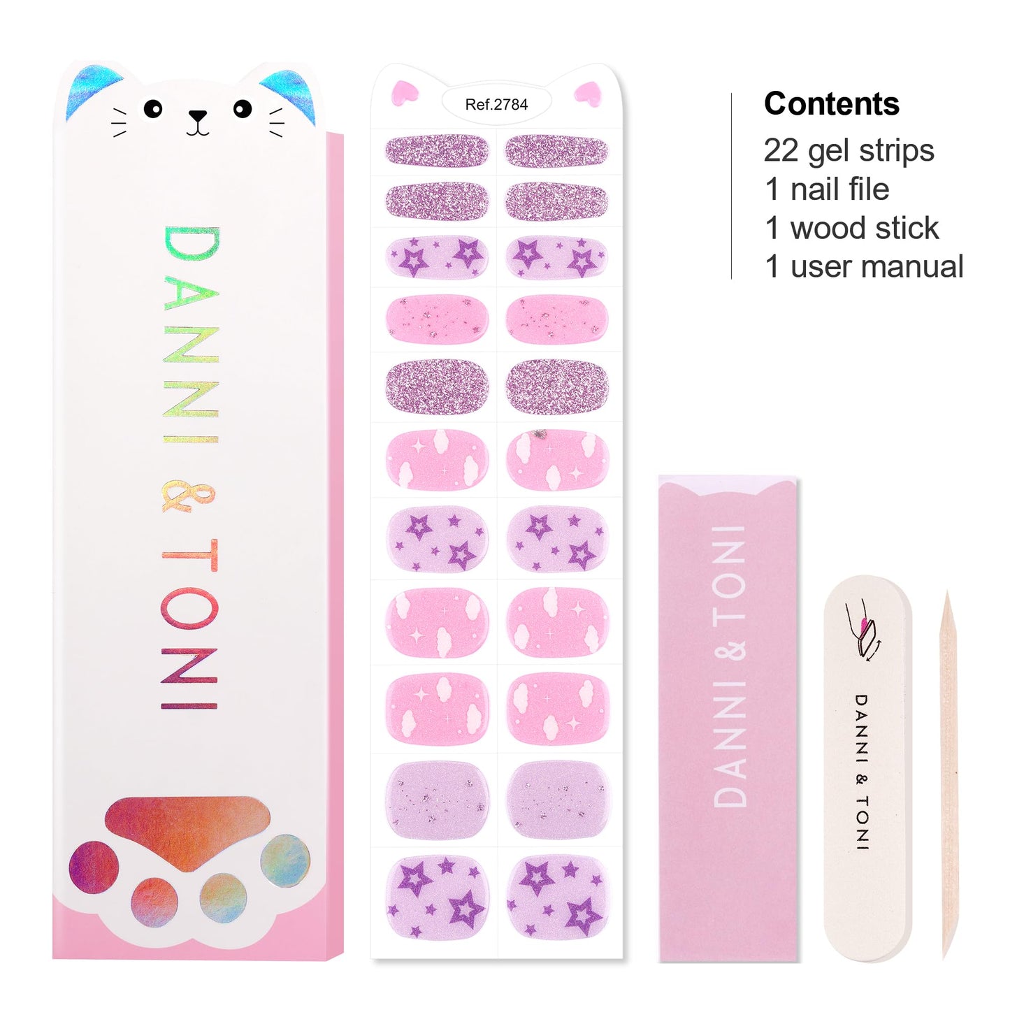 DANNI & TONI Kids Gel Nail Strips Clouds Stars Purple Glitters Salon-Quality Peel & Stick Manicure for Children (Age 6+)– Safe, Long-Lasting, Easy to Apply |Purple Dream