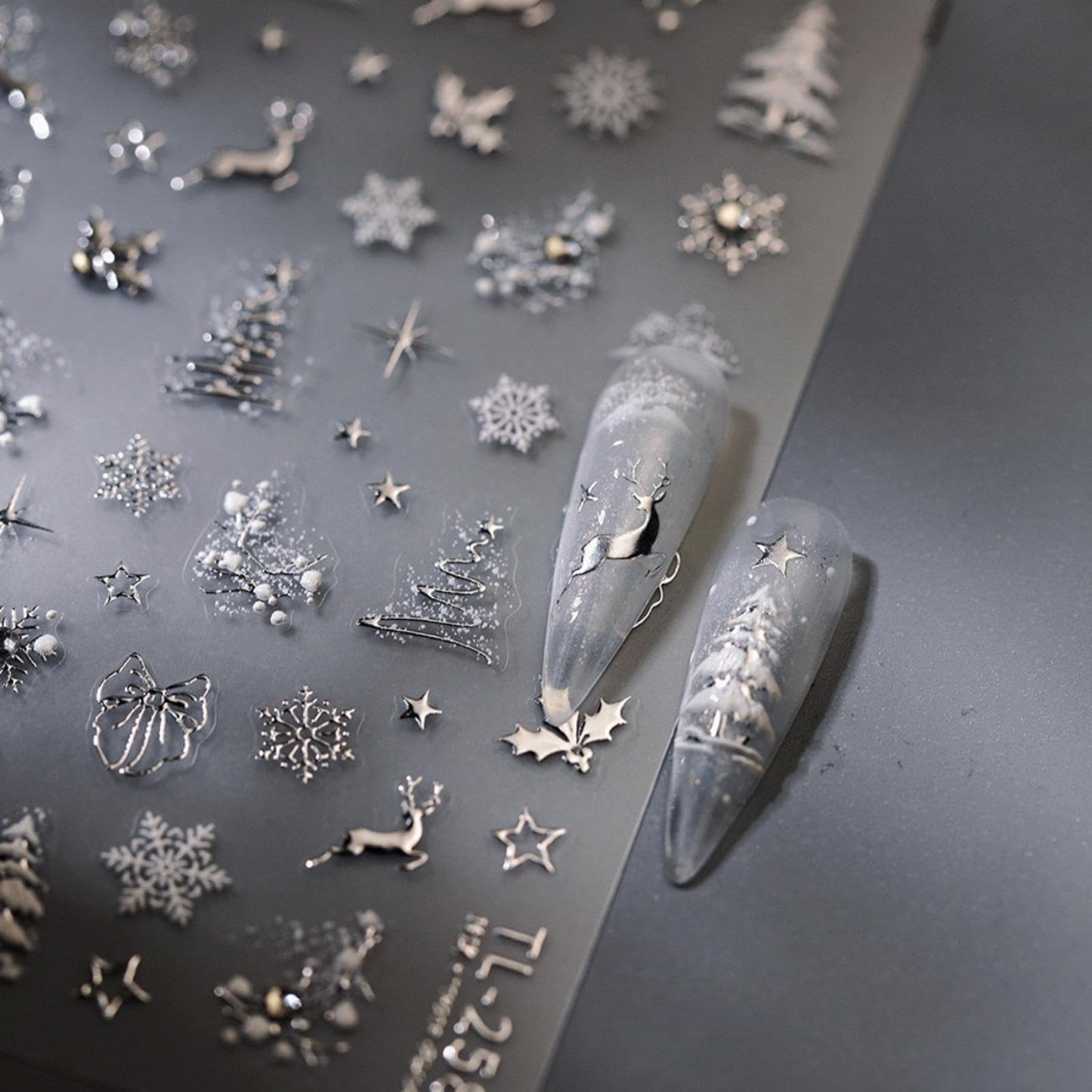 Christmas Nail Art Stickers 5D Embossed Silver Elk Nail Stickers Self-Adhesive Rhinestone Snowflake Bow Xmas Tree Star Elk Nail Decals for Women Girls Winter Holiday Manicure DIY Nail Supplies