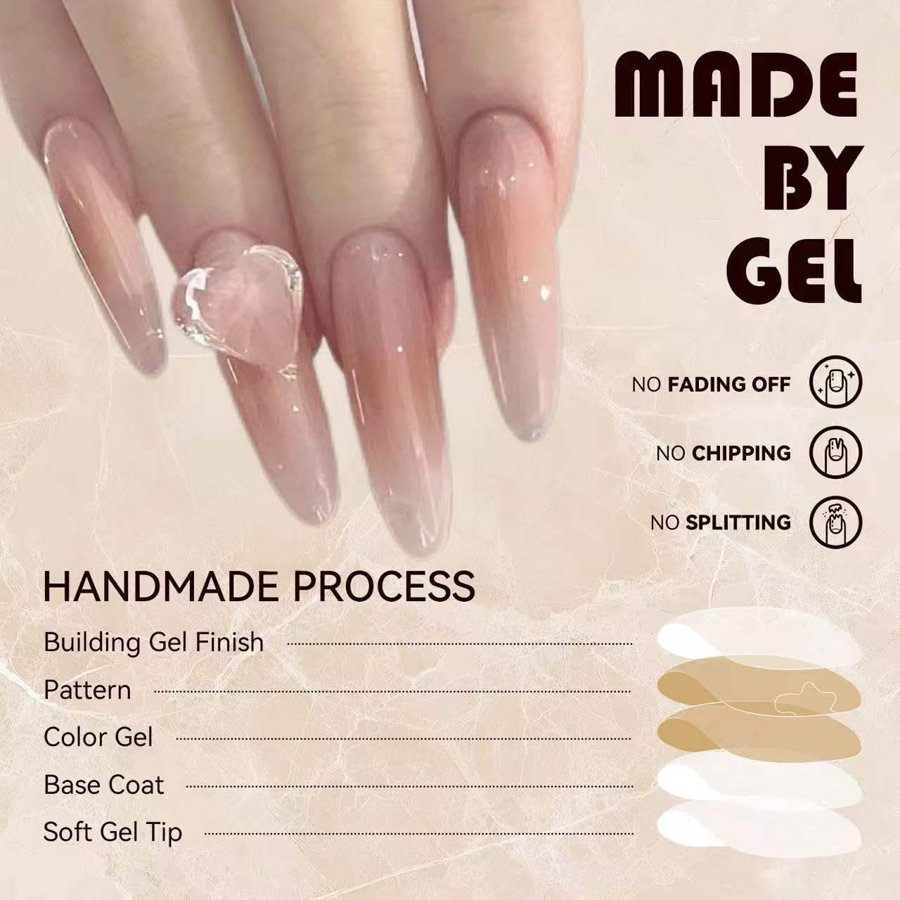 C.Z.Z.T.T.NAILS Press On Nails with 3d Heart Diamonds - Nude Pink Fake Nails,Long Almond-Shaped False Nails,Perfect Fake Nails for Women, 30pcs with Jelly Glue