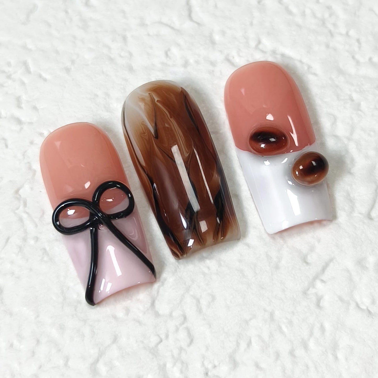 TENPAL Pink Coffee French Tip Press on Nails Medium Square, Polka Dot Ombre 3D Coffee Bean Cute Sweet Girly Reusable Salon False Nails for Daily Wear 10PCS(M)