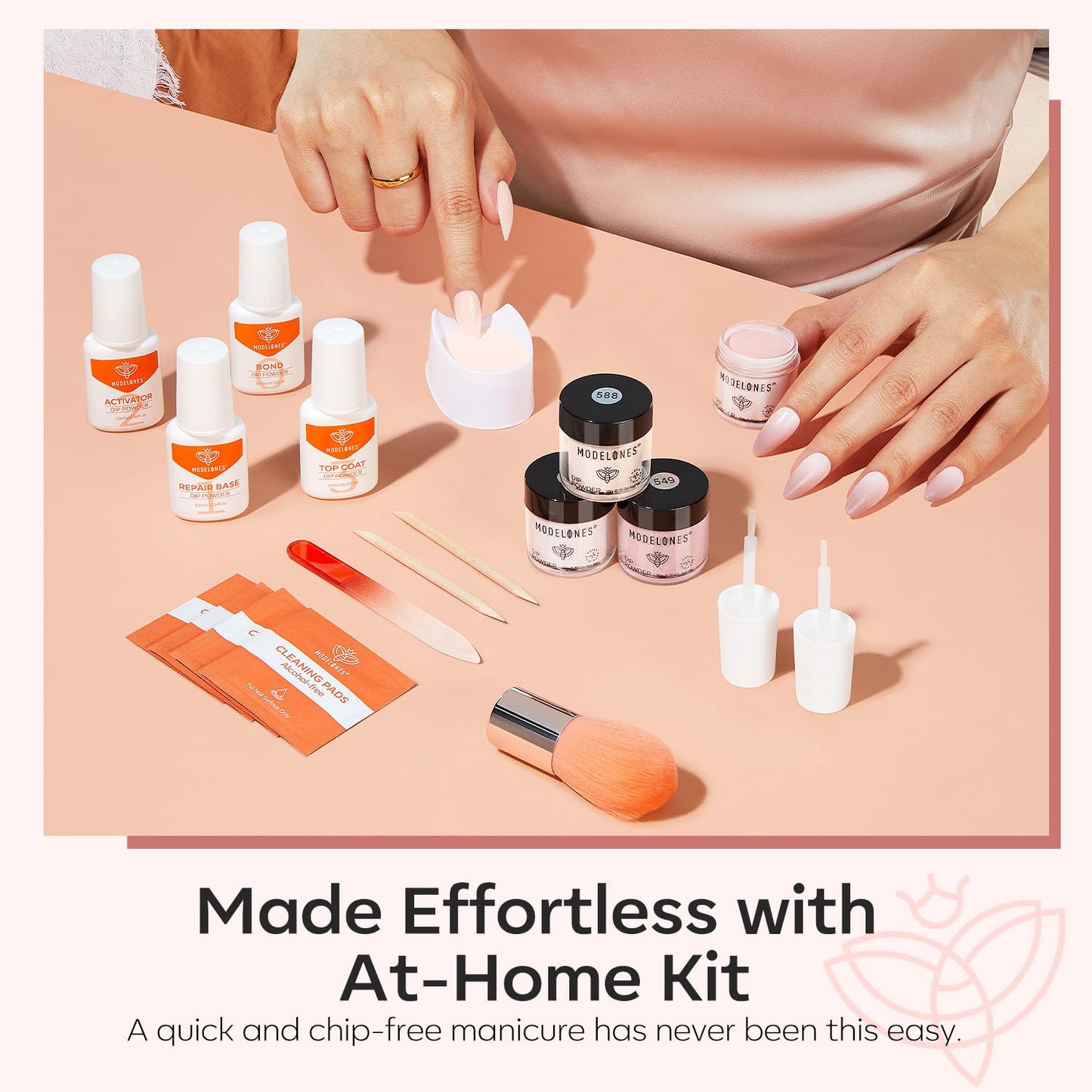 Modelones Dip Powder Nail Kit, 4 Colors Spring Summer Nude Pink Glitter Dipping Starter Set with Liquid and Complete Accessories for French Nails Art Salon DIY at Home Manicure