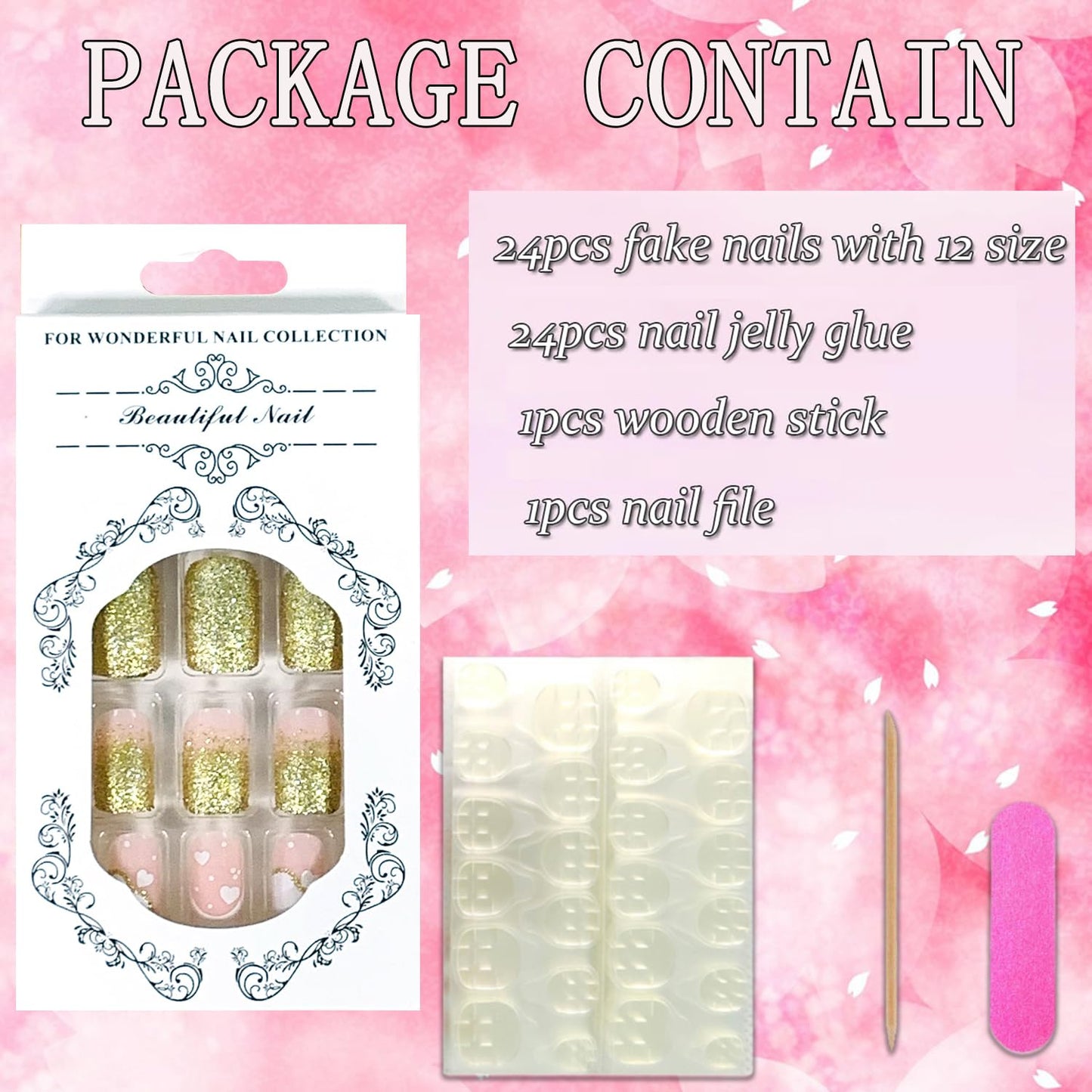 Vezocim 24Pcs Press on Nails Medium White Heart Glossy Full Cover Artificial Gold Glitter Fake Nails with Designs Acrylic Square False Nails with Glue Coffin Stick on Fingernails for Women Girls