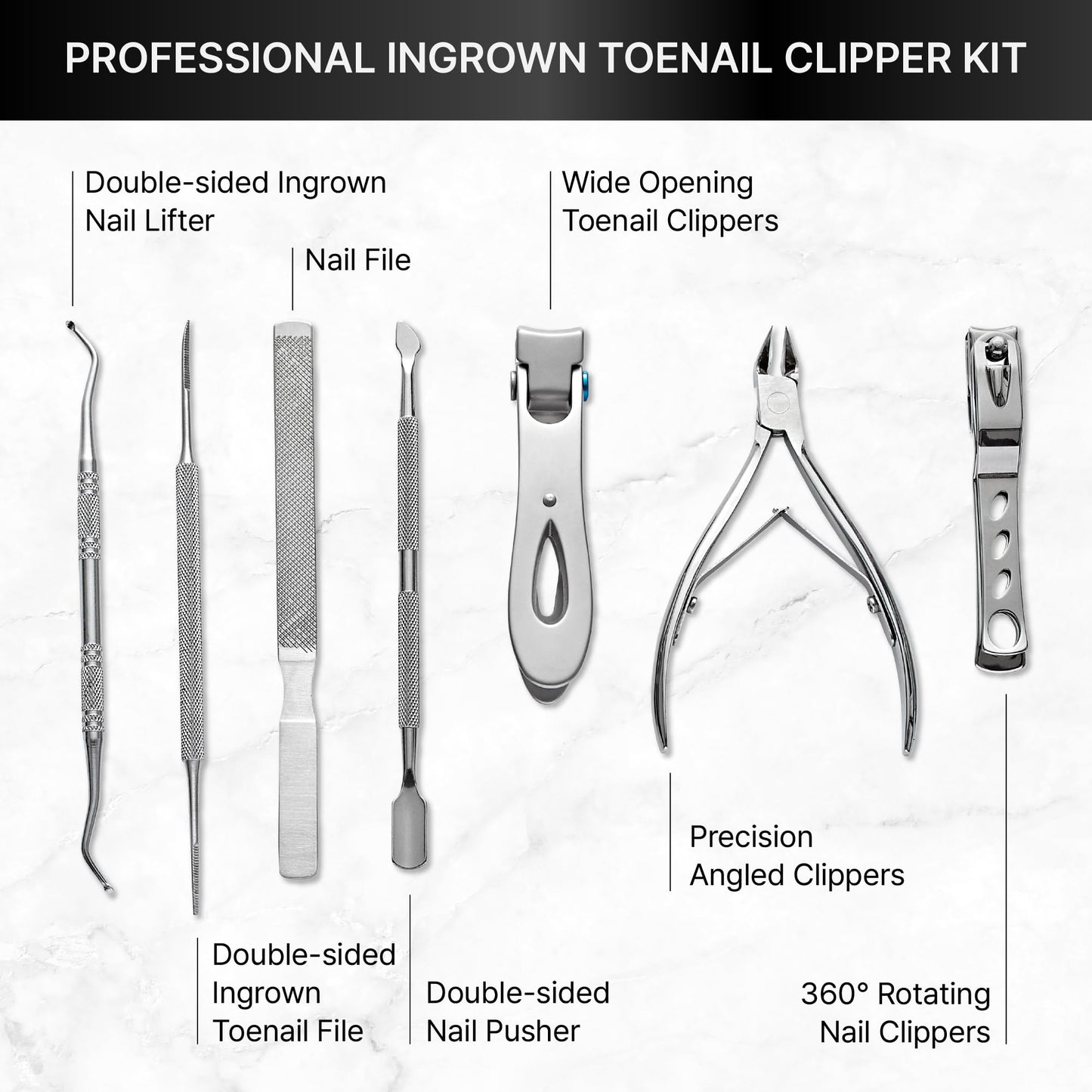 MAVIÉ Ingrown Toenail Clippers for Seniors Thick Toenails, 7 Pcs Heavy Duty Large Pedicure Toe Nail Clipper Set with Wide Opening, Includes Nail Cutter, File, Lifter, Cuticle Pusher, Travel Case