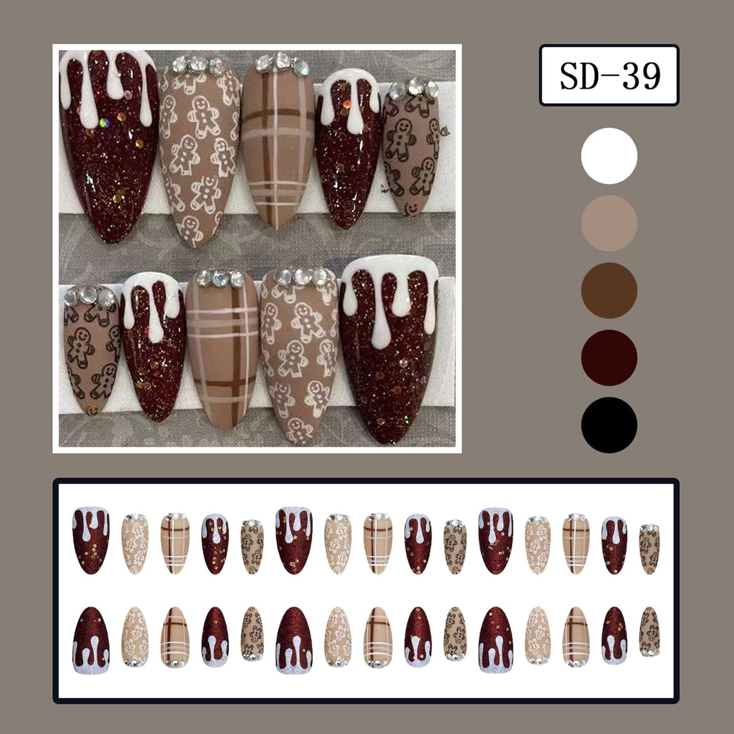 30Pcs Christmas Press on Nails Almond Fake Nails 3D Rhinestones Glitter Design Coffee-colored Striped Snowman Press on Xmas False Nails Cute Gingerbread Stick on Brown Plaid DIY Nails for Women