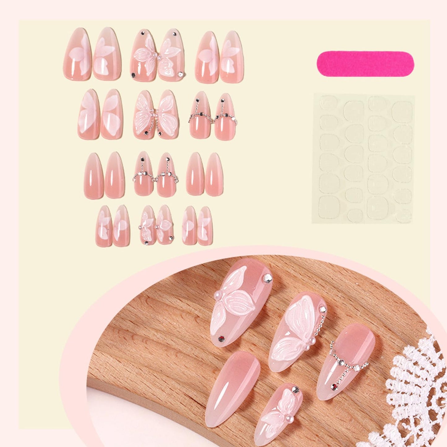 24Pcs White Flower Press on Nails Medium Almond French Fake Nails with 3D Rhinestone Pearls Design Butterfly False Nails Pink Gradient Full Cover Cute Floral Butterflies Acrylic Glue on Nail for Women