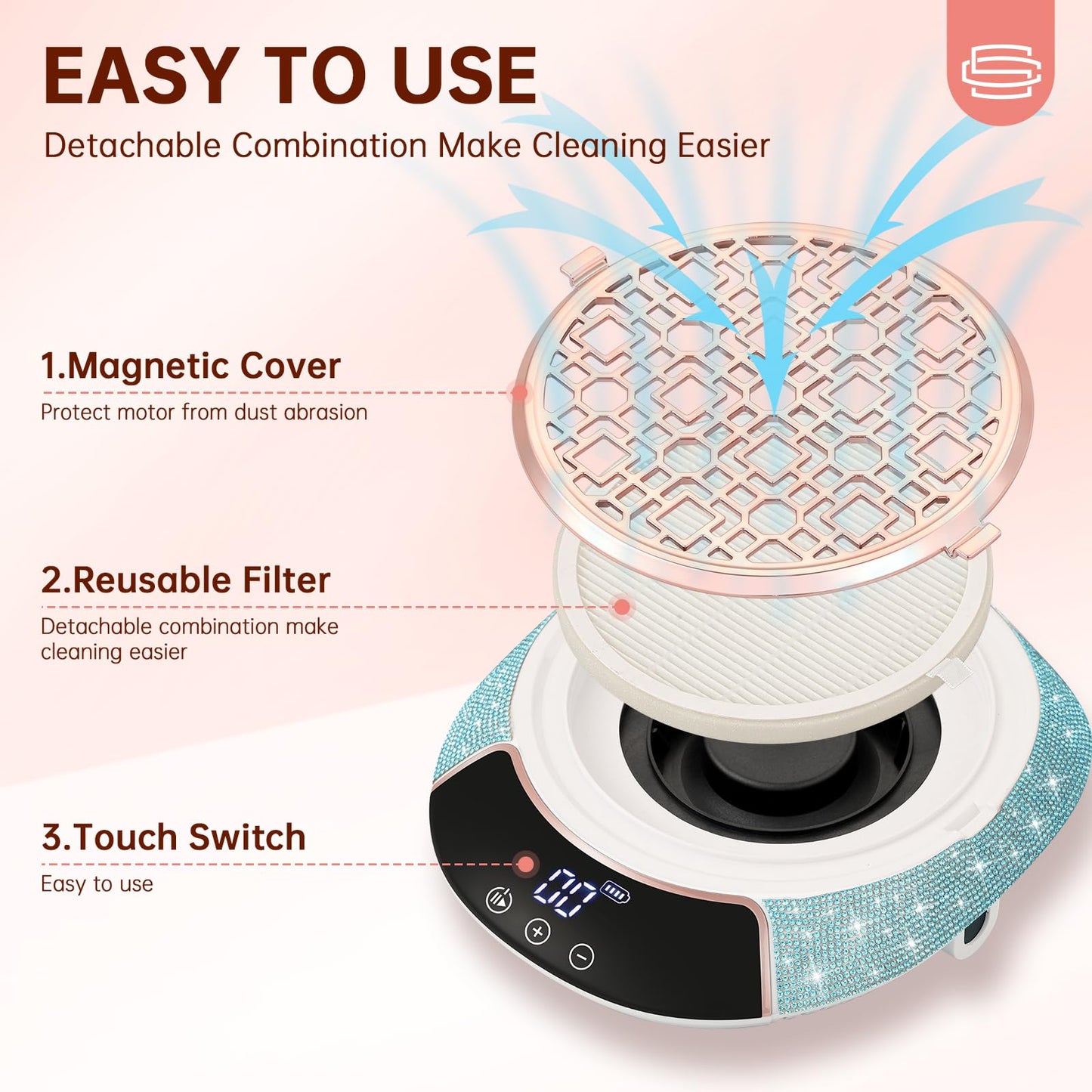 CHRISTINE SHELLY Nail Dust Collector, Cordless Dust Collector Nail Tech, Powerful Vacuum Fan Vent Dust Collector Extractor Dust Suction Machine for Acrylic Gel Polish,Salon & Home, Blue Diamond