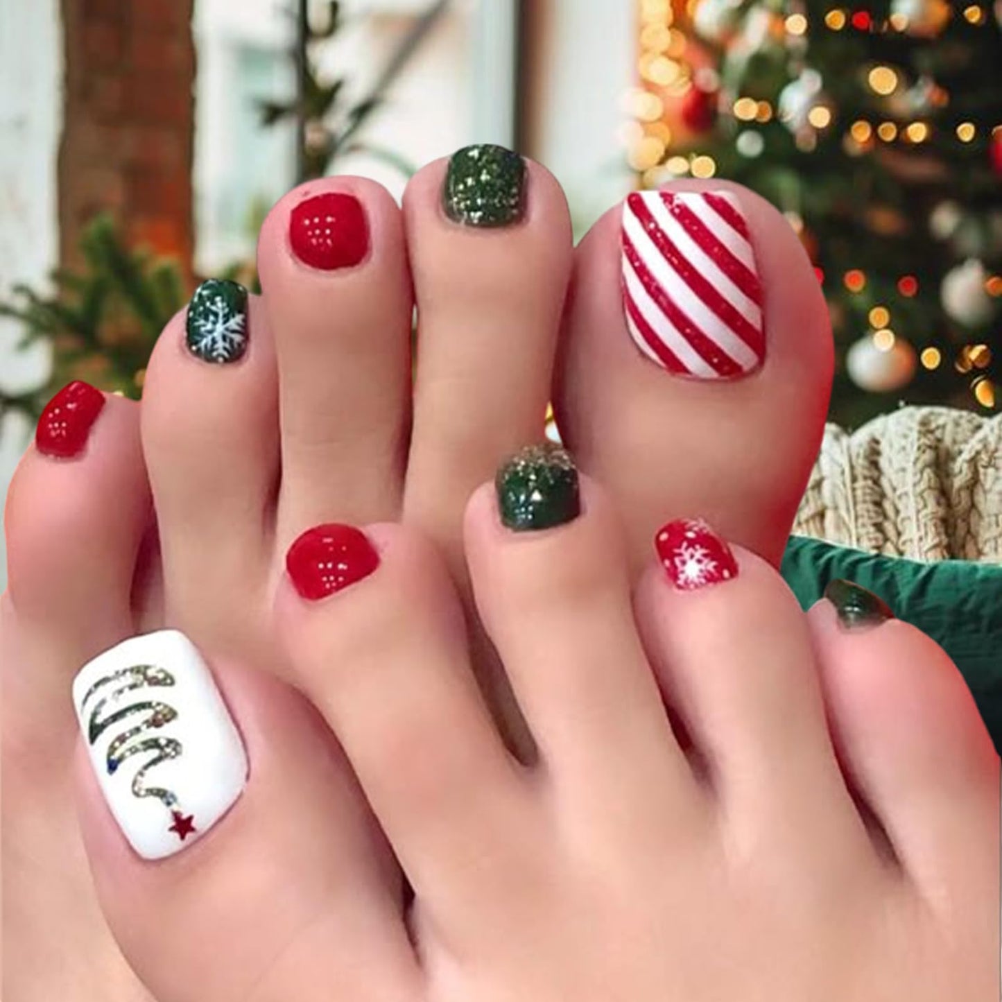 Christmas Glitter Press on Toenails Short Square Fake Toenails Glitter Christmas Tree Toe Nail Tips Snowflakes False Toenails Full Cover Glossy Christmas Toe Manicure Decorations for Women 24Pcs