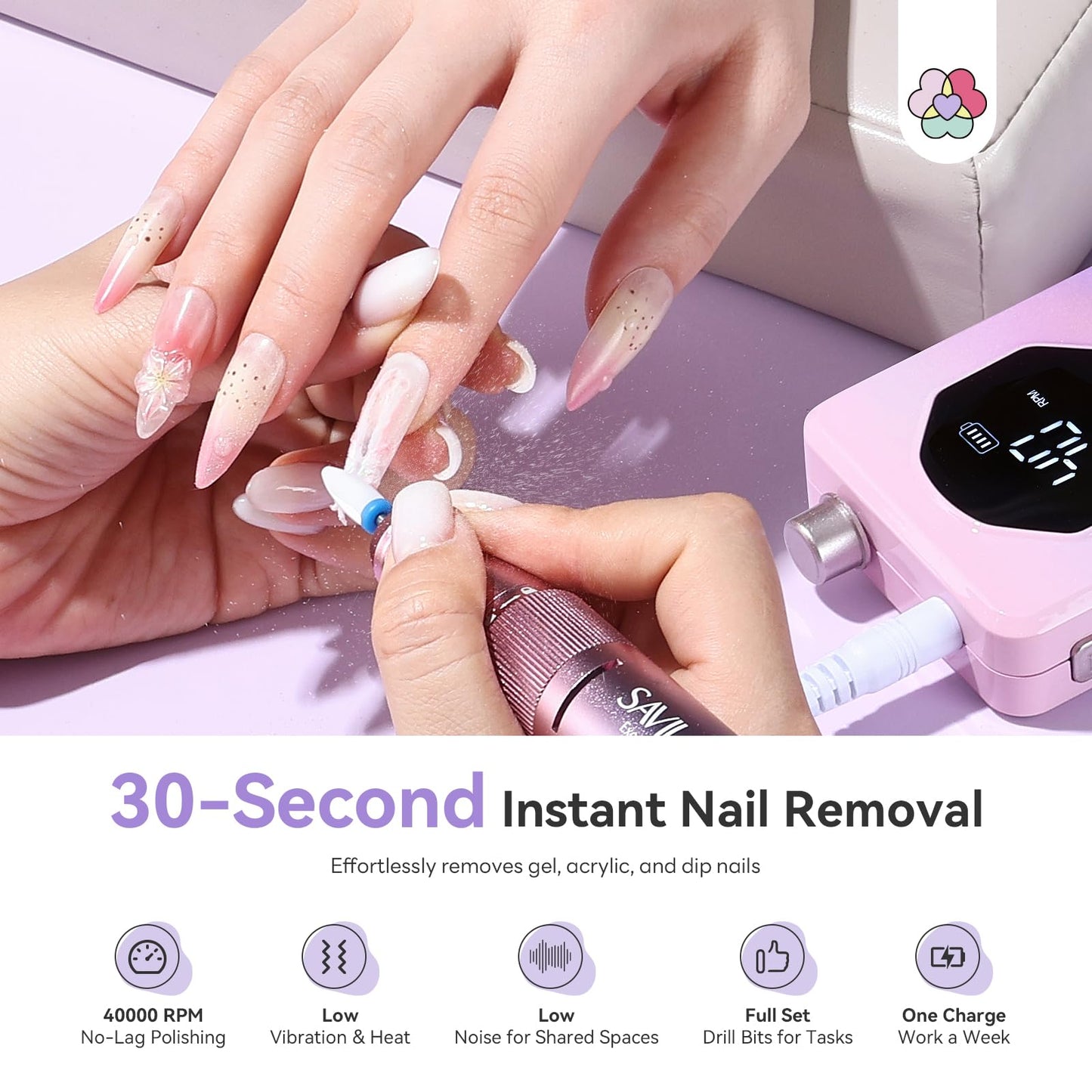 SAVILAND 2026 Nail Drill Professional: 40000RPM Electric Nail Drill 30S Fast Removal for Acrylic Nails Low Noise Electric Nail File Long-Lasting Manicure Pedicure Mobile Tech & Salon (Gradient Purple)