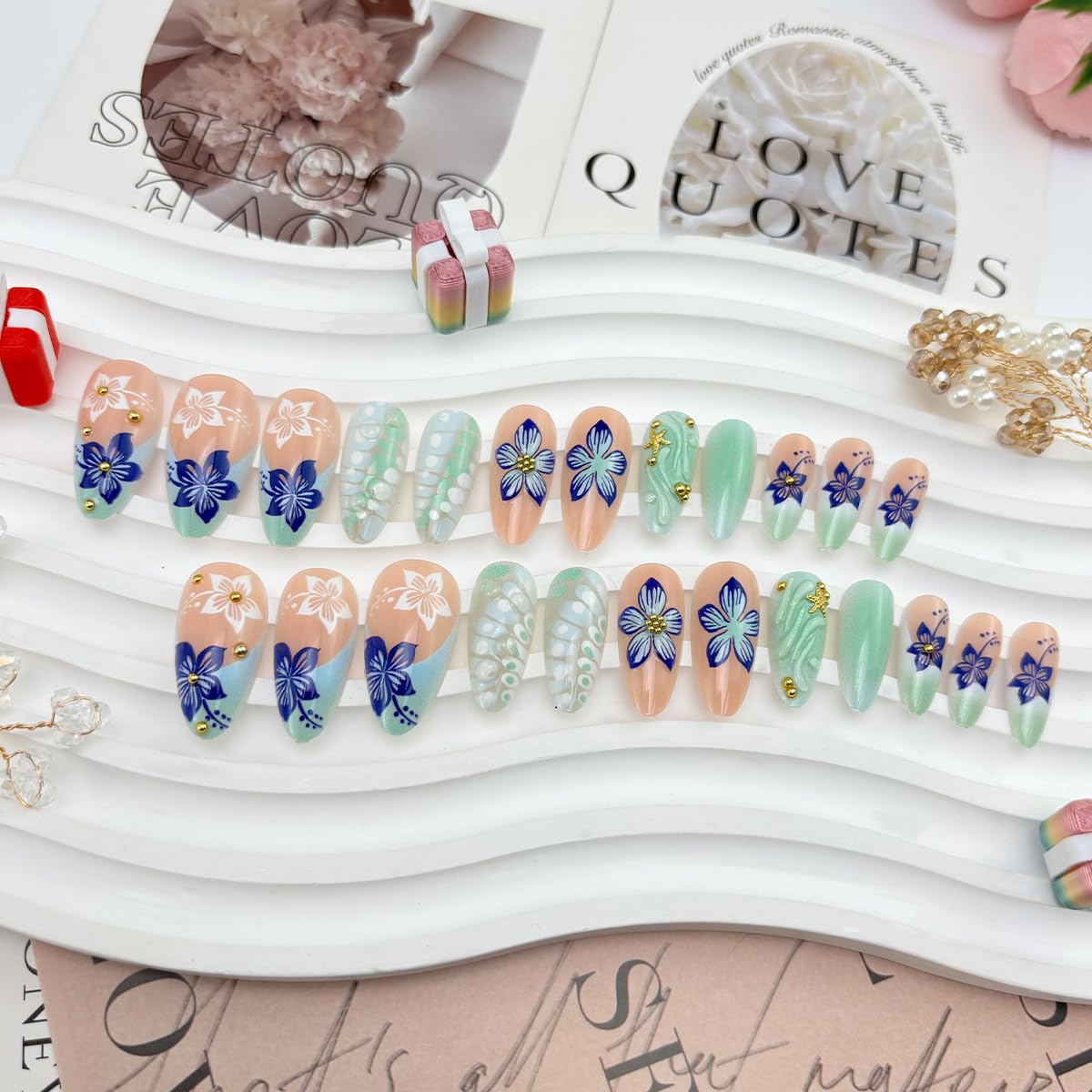 24Pcs Handmade Press on Nails Medium Almond Flower Fake Nails with 3D Gold Bead Starfish Design Spring Summer Acrylic Nails Glossy Green French Tip False Nails Blue White Floral Glue on Nail for Women