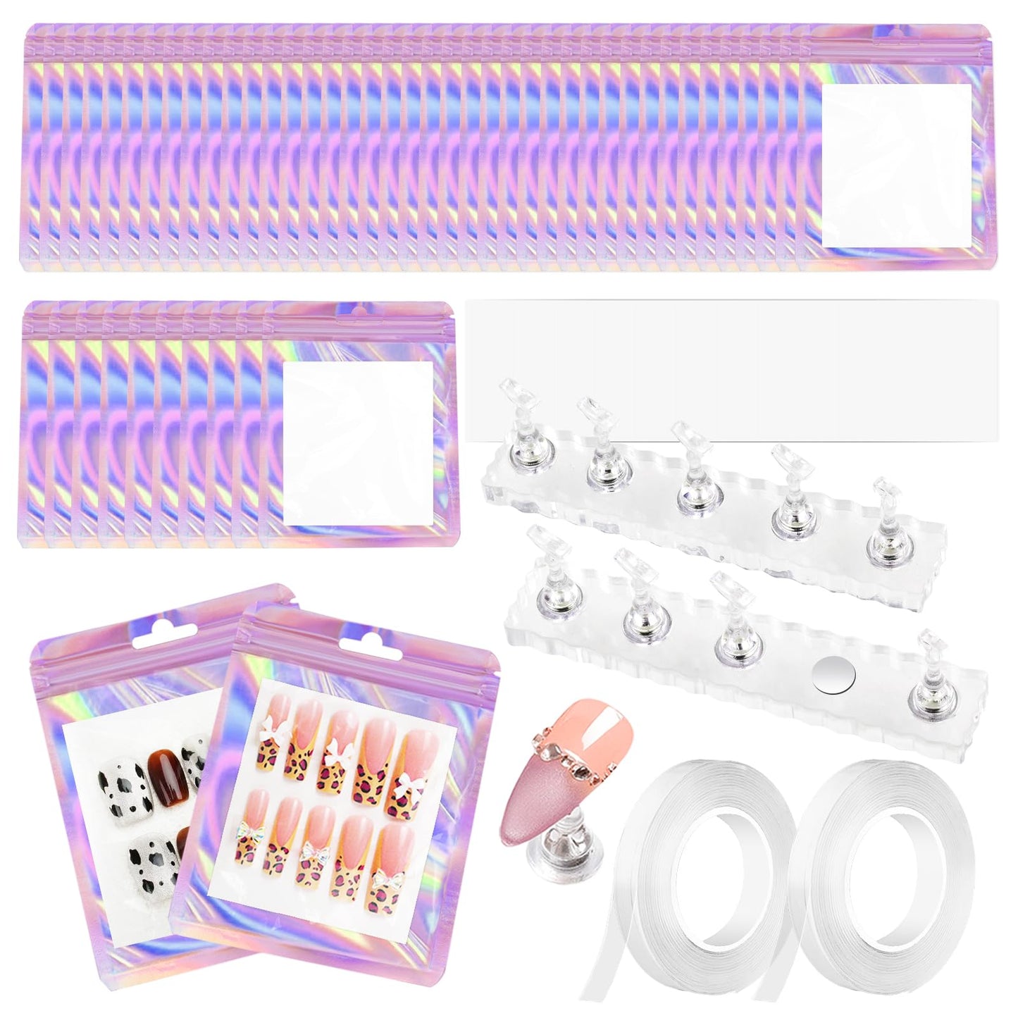 ESUOHYM 50 PCS Nails Packaging Bags with Nail Stand for Fake Nail, Holographic Press On Nail Storage Container Nail Art Kit for Diy Design, Nail Cardboards with 2 Double-sided Tape Salon Home Pink
