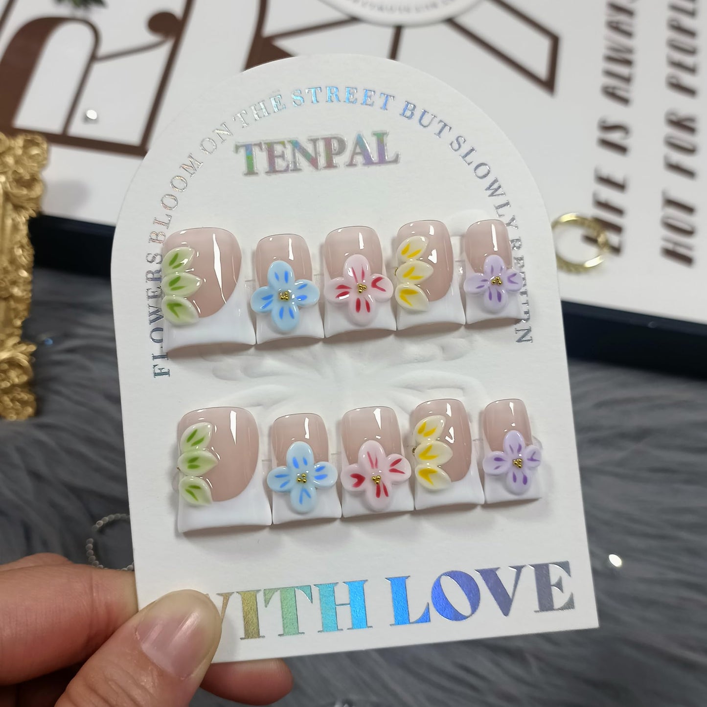 TENPAL Handmade Duckbill Press on Nails Kits with Tools- White French Tips Fake Nails with 3D Embossed Florals, Glossy Acrylic Soft Gel Removable False Nails for Women Daily Wear(S)