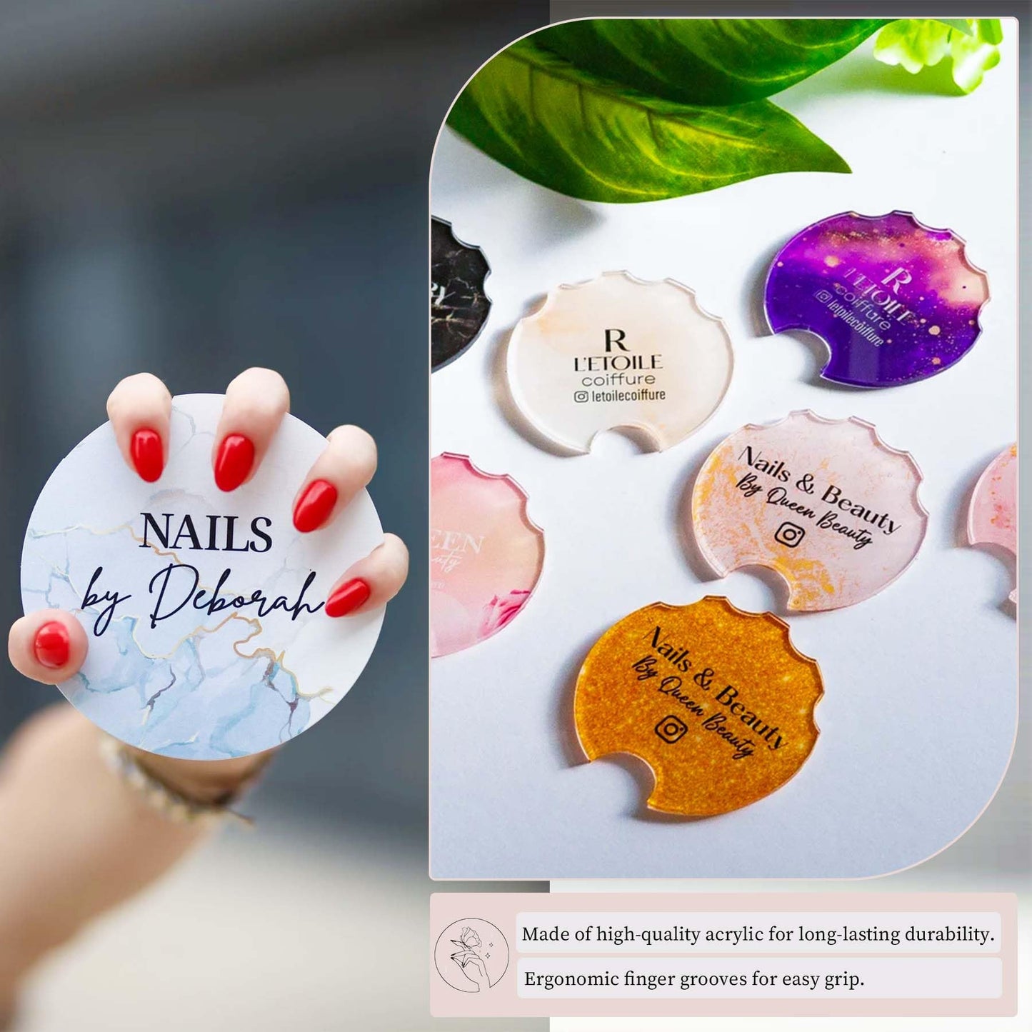 zyinoant 2Pcs Custom Nail Picture Props Personalized Logo Nail Tech Decor Acrylic Nailfie Disk with Social Media Salon Nail Display Stand Nail Polish Display Gifts for Nail Artist (Round)