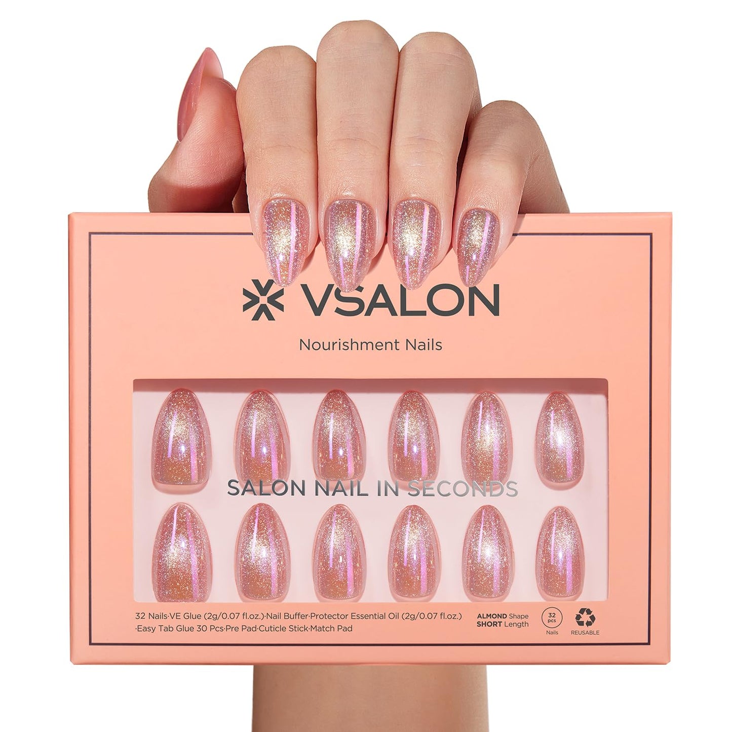 VSALON Press on Nails Short Almond - Pink Cat Eye Pastel Glitter Holographic Summer Fake Nails Kit, Reusable Opaque Gel Chrome Glue on Nails with Glue & Cuticle Oil - 32PCS in 16 Sizes