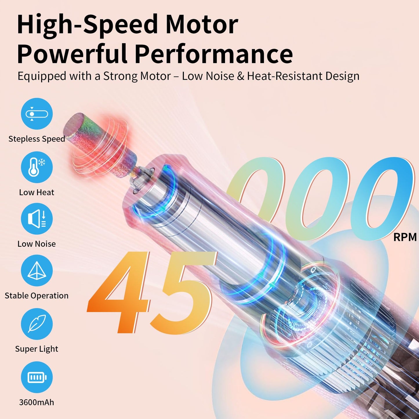 Electric Nail Drill Machine 45,000RPM - Professional Electric and Rechargeable Nail Drill with LCD Display, 6 Bits and 30 Sanding Bands, Low Heat Quiet E-File for Acrylic Gel Nails V9-3