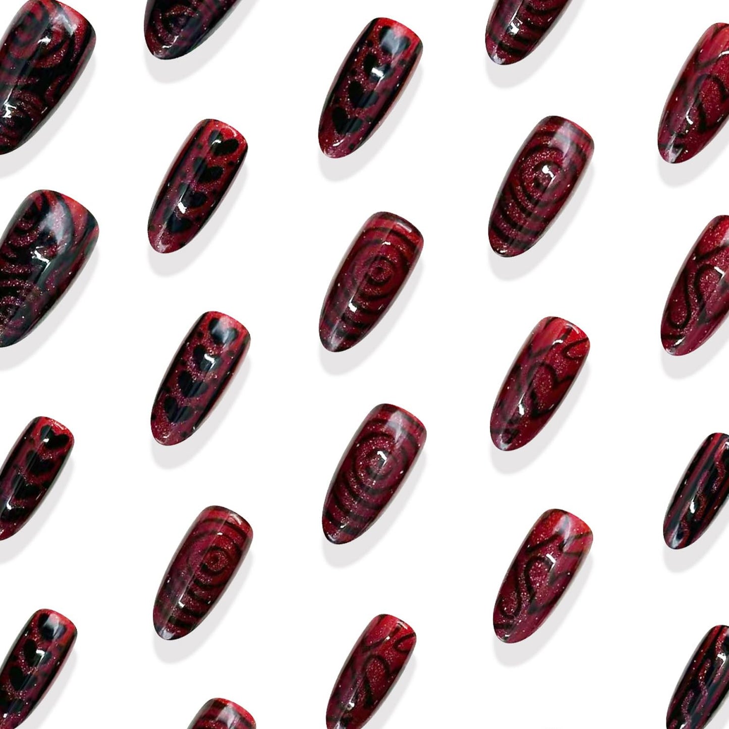 30Pcs Cute Valentine's Press on Nails Dark Red Fake Nail with Black Heart Rose Design Glossy Valentines Press On French Tip Stick on Stripes Full Cover Wine Red Glitter Love Artificial Nails for Women