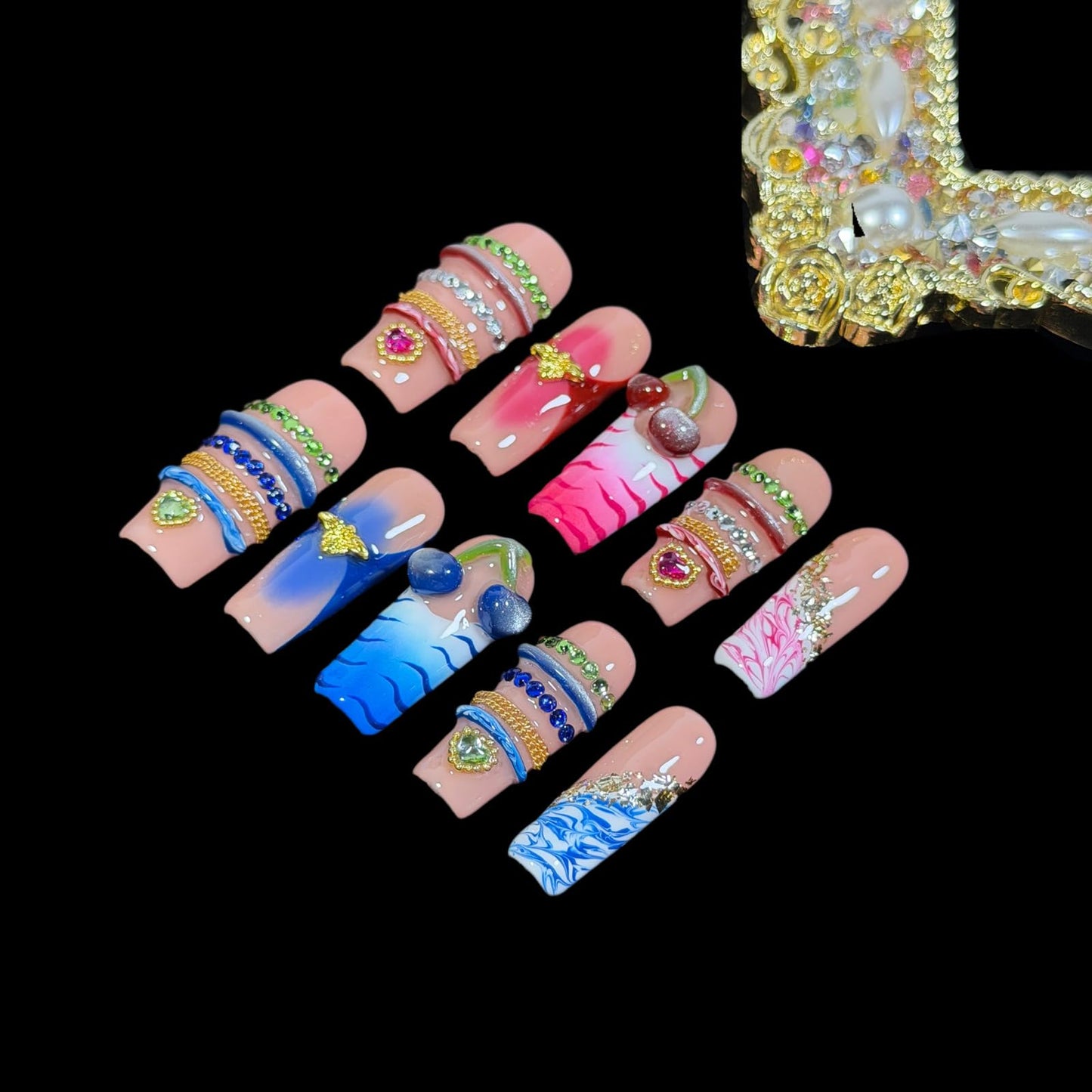 3D Cherry Handcrafted Press On Nails, Long/Medium Square, Gradient & Marble Accents, Reusable Acrylic False Nails, Duo-Tone (S)