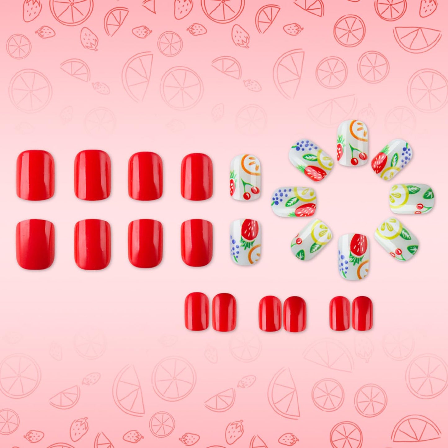 24 Pcs Short Square Press On Nails Red Fake Nails With Fruits Designs Summer False Nails Full Cover Cute Stick On Nail Glossy Reusable Acrylic Glue On Nail For Women Manicure Art