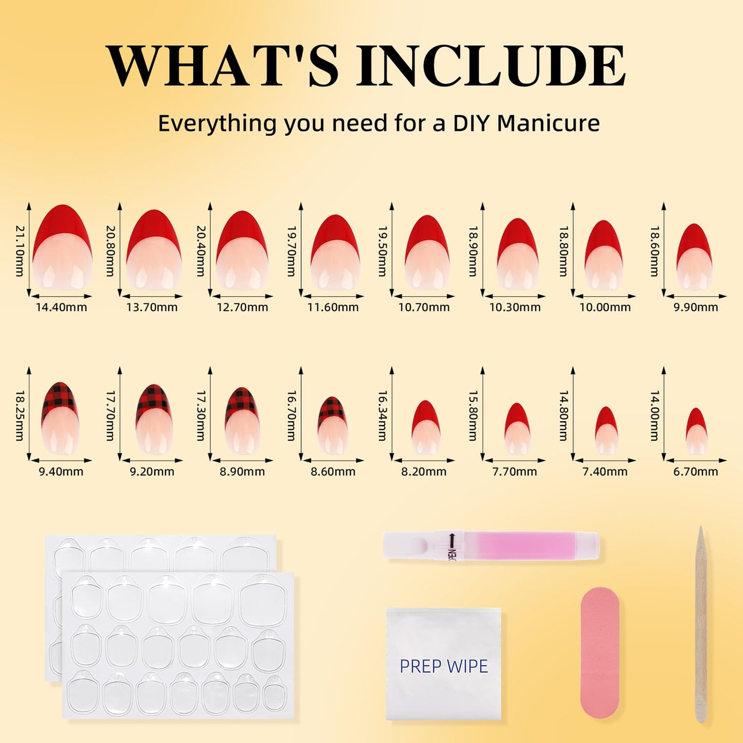 Leefrei French Tip Press on Nails - Glossy Red Press on Nail, Short Almond Fake Nails Reusable Nails Press ons for Women, 32 Pieces in 16 Sizes False Nails Kit with Glue, Tartan Cheer