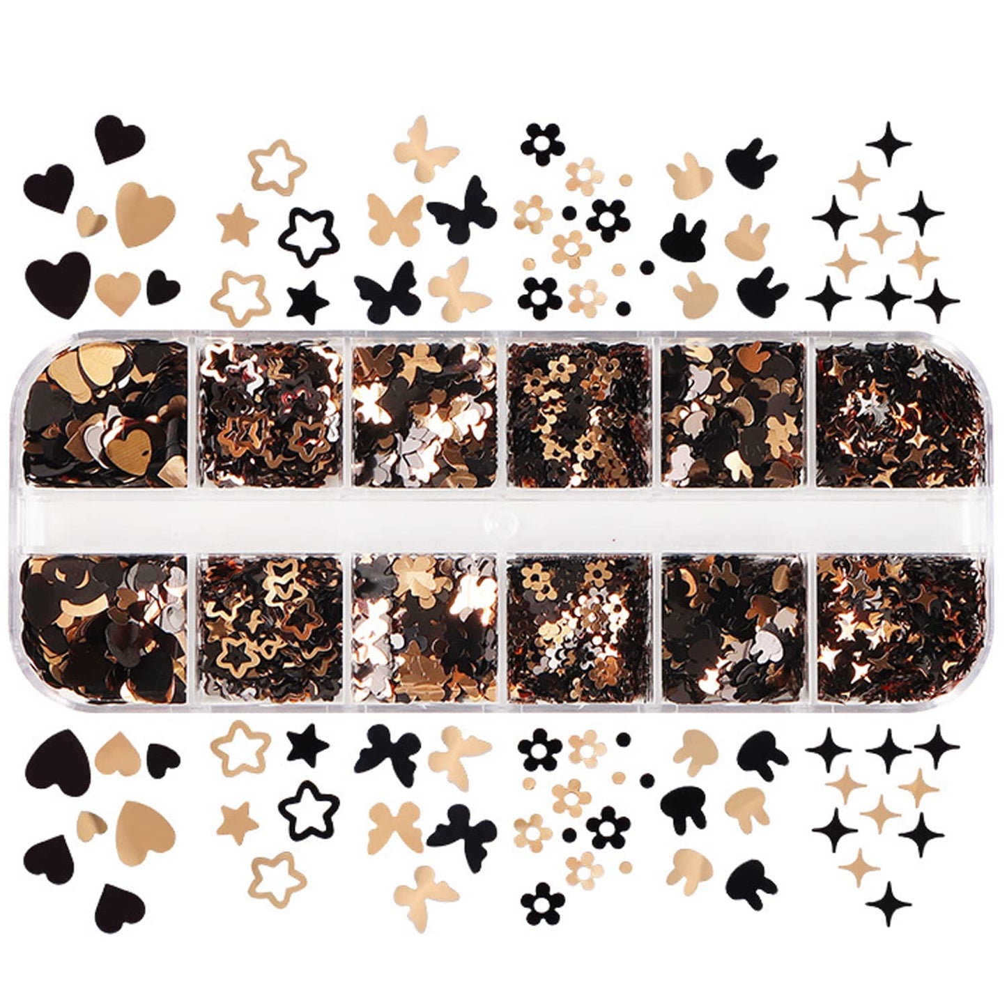 Nail Art Glitter Sequins, Gold and Black 3D Glitter Nail Flakes Designs, Heart Butterfly Stars Flowers Rabbit Sparkly Nails Supplies for Women Girls Manicure Charms Decorations, Shiny Resin Nail Art
