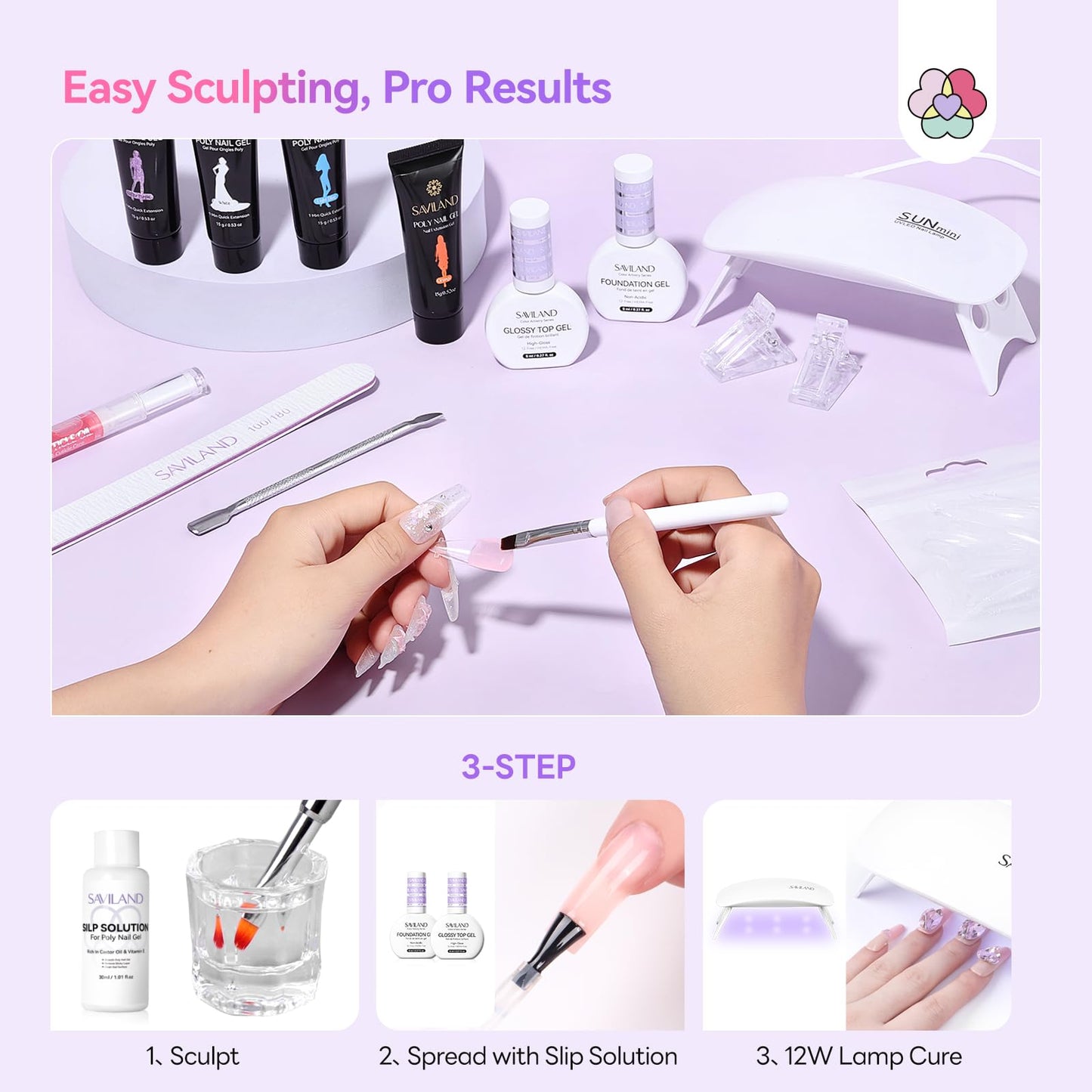 SAVILAND Hema-Free Poly Gel Nail Kit Starter: 15 Poly Gel Nail Colors for 28 Day Long-Lasting, All-in-1 Poly Nail Gel Kit with Slip Solution U V Lamp, Suitable for Trendy Nail Art Home Salon Daily DIY