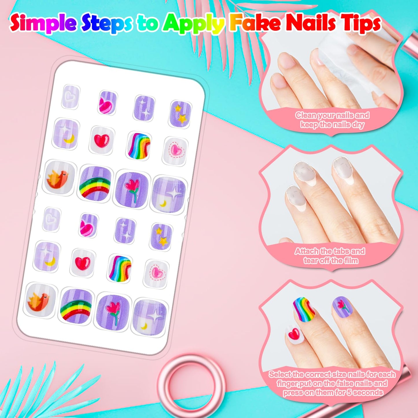 240 Pieces Fake Nails for Kids Girls Artificial Kids Press on Nails Full Cover Short Acrylic Stick On Nails False Nail Tips Kit for Children Little Girls Nail Art Decoration (Rainbow)