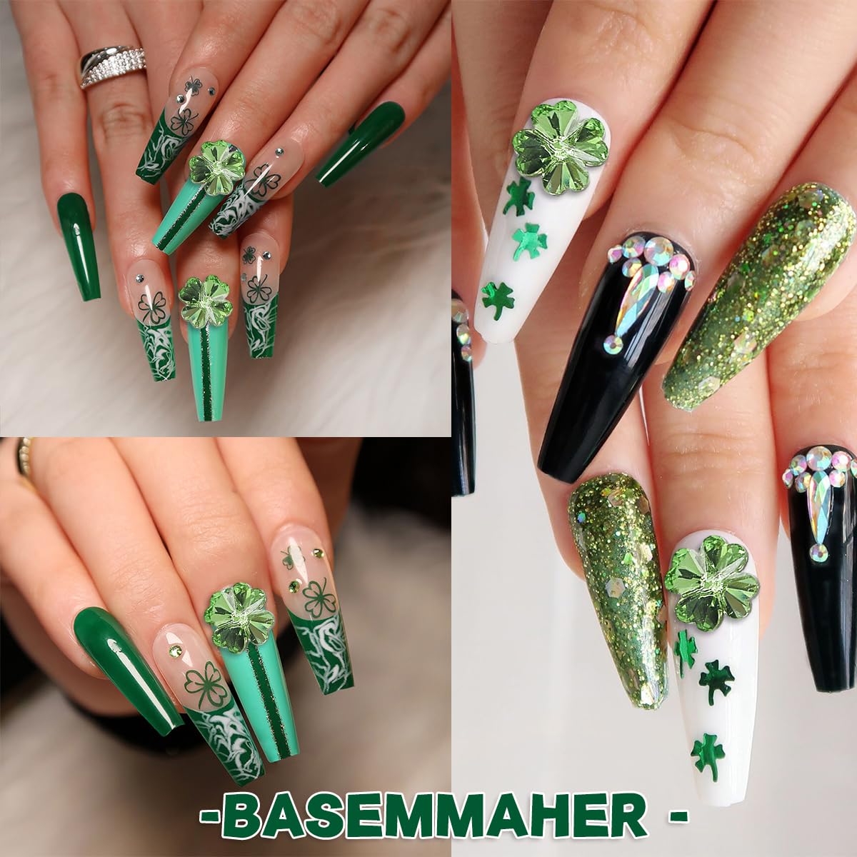 24Pcs Glitter 3D Green Shamrock Nail Charms for St. Patrick's Day Clover Nail Rhinestone Decal Crystal Diamond Alloy Nail Gems Irish Decorations for Women Girls Manicures Eyes Makeup Crafts