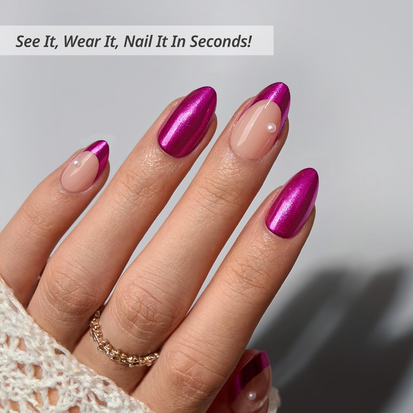 BTArtbox Press On Nails Short - Purple Chrome Almond French Tip Press On Nails with Glue for Women, Opaque Soft Gel Glue On Nails in 16 Sizes - 32 Stick On Nails Kit, Purple Pact