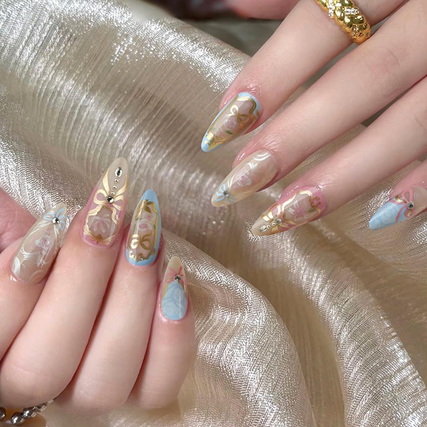24Pcs Almond Press on Nails Heart Flowers Fake Nails with Exquisite Rhinestones Design Glossy Full Cover Rose False Nails with Glue Medium Romantic Stick on Nails Acrylic Nail Art for Women