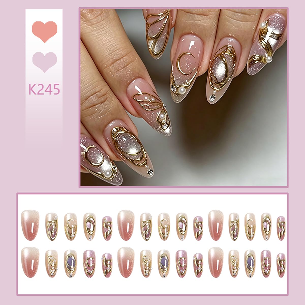 30Pcs Medium Almond Press on Nails Butterfly Nails Press on with Gold Metal Line, Cat Eye & Pearl Design Rhinestone Fake Nails Glitter Glue on Nail Full Cover Stick on Nail for Women Manicure