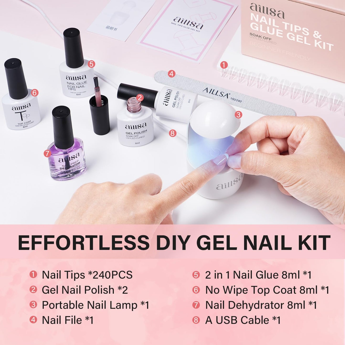 AILLSA Gel Nail Kit Short Coffin Nail Tips 240pcs with 2 In 1 Nail Glue Base Coat and Nail Dehydrator, False Nail Tips Kit with U V Light Top Coat for Beginners DIY Home Salon