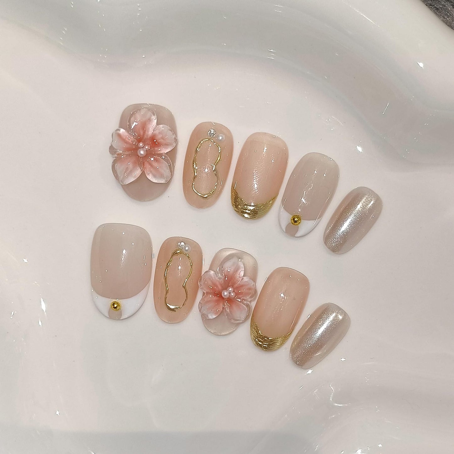 TENPAL Handmade Press on Nails Short Oval Shape,Frosted French 3D Floral Nails with Iridescent Accents,Nude Pink False Nails Kit 10pcs,Ethereal Elegant Designs Fake Nails for Daily(M)