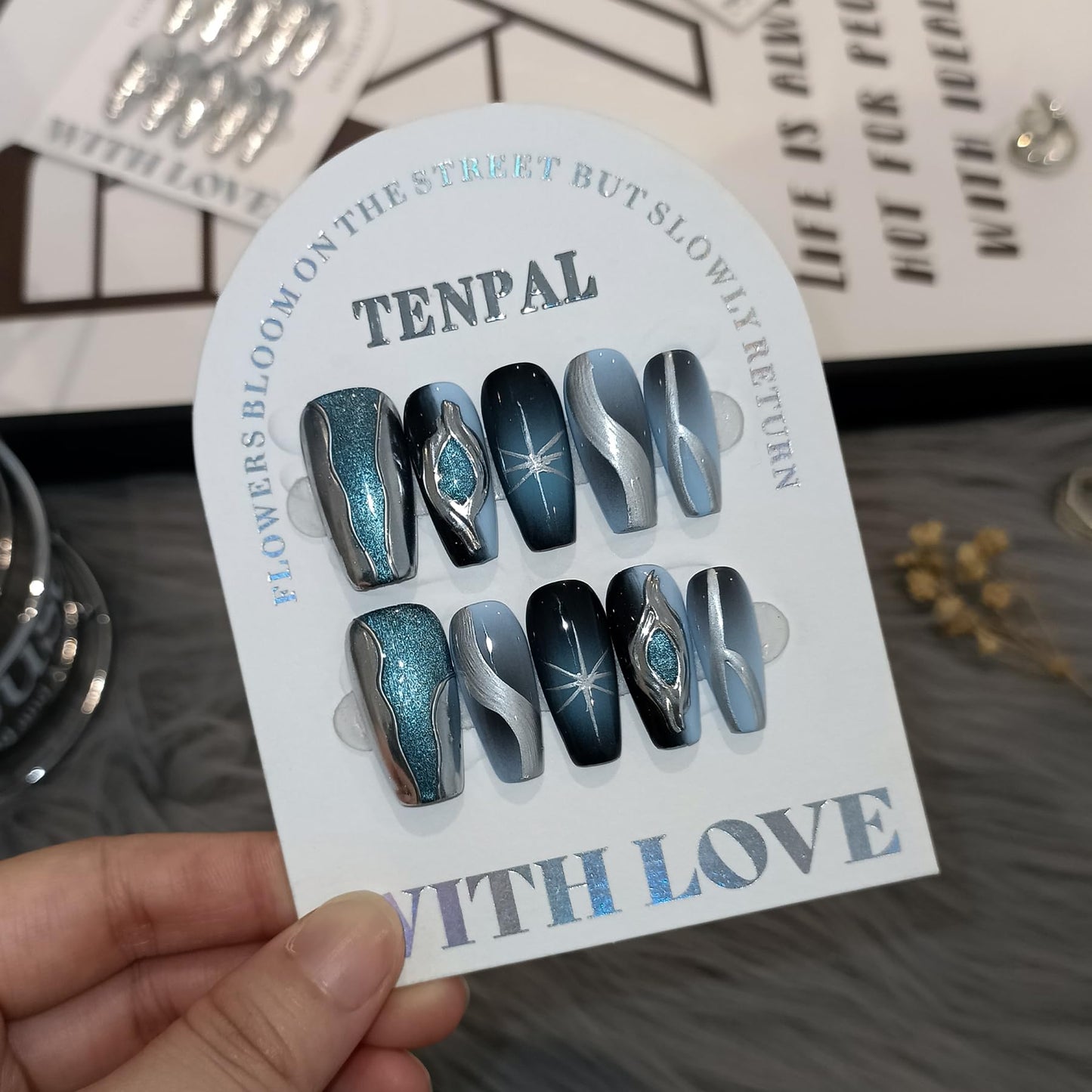 TENPAL Handmade Press On Nails With Tools,Black Blue Ombre 3D Cat Eye Coffin Fake Nails for Women,Glossy Metallic Airbrush Galaxy Designs Glue on Nails,Chrome Relief Punk Acrylic Nails 10pcs(XS)