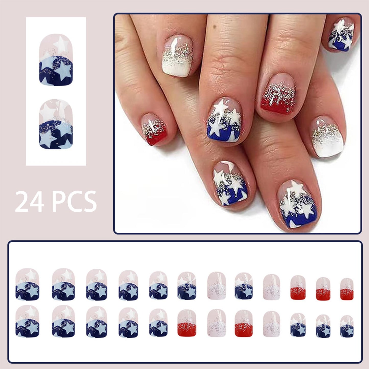 4th of July Blue Press on Nails Short Square Independence Day Fake Nails blue white stars Glitter Nails Design Full Cover Stick on Nails Patriotic Artificial Nails for Women DIY Manicure 24pcs
