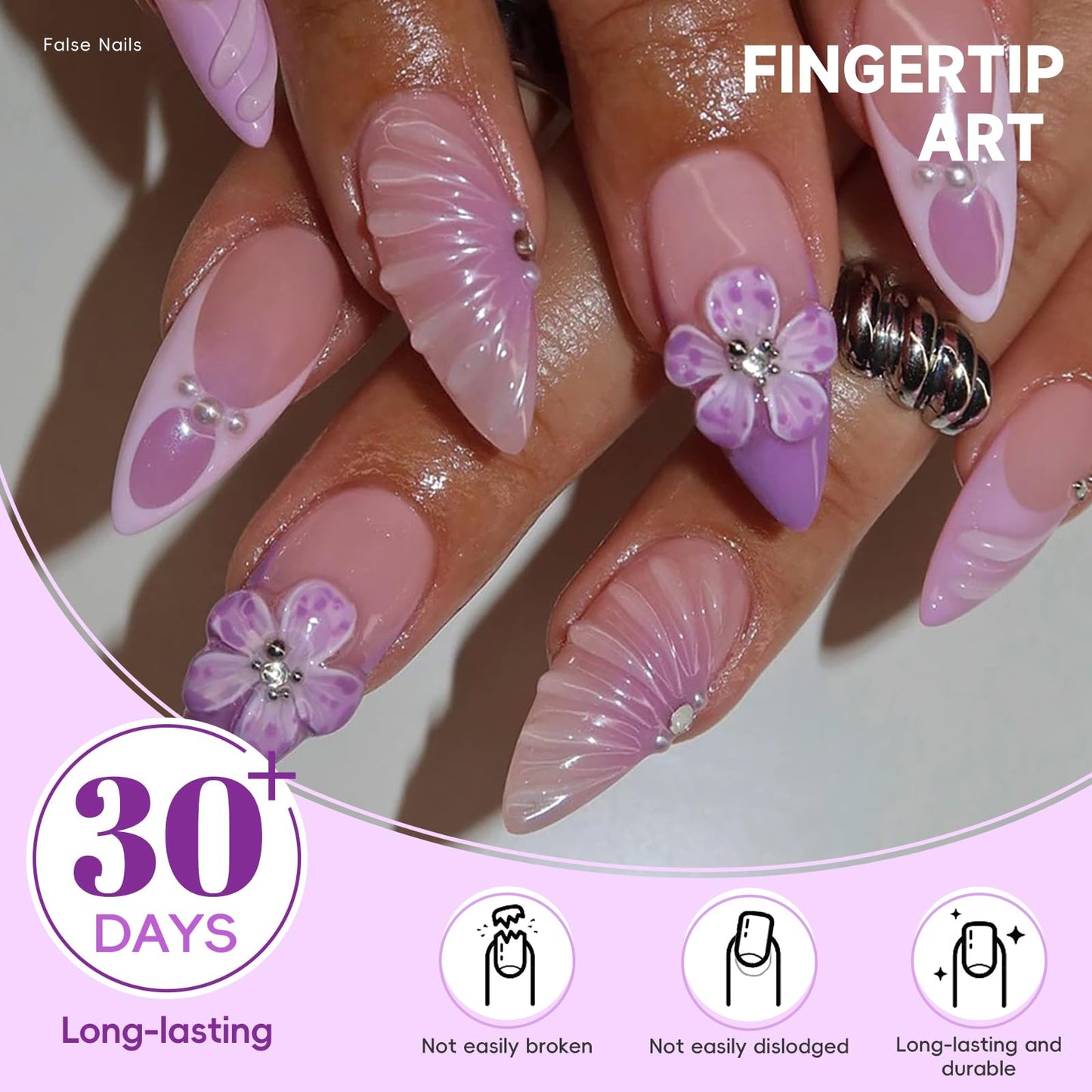 HOSAILY Purple Flower Press on Nails Medium Almond, 3D Spring Summer Floral Rhinestone Pearl Fake False Nails for Women, 24Pcs Glossy Full Cover Stick on Purple French Tip Nails with Glue