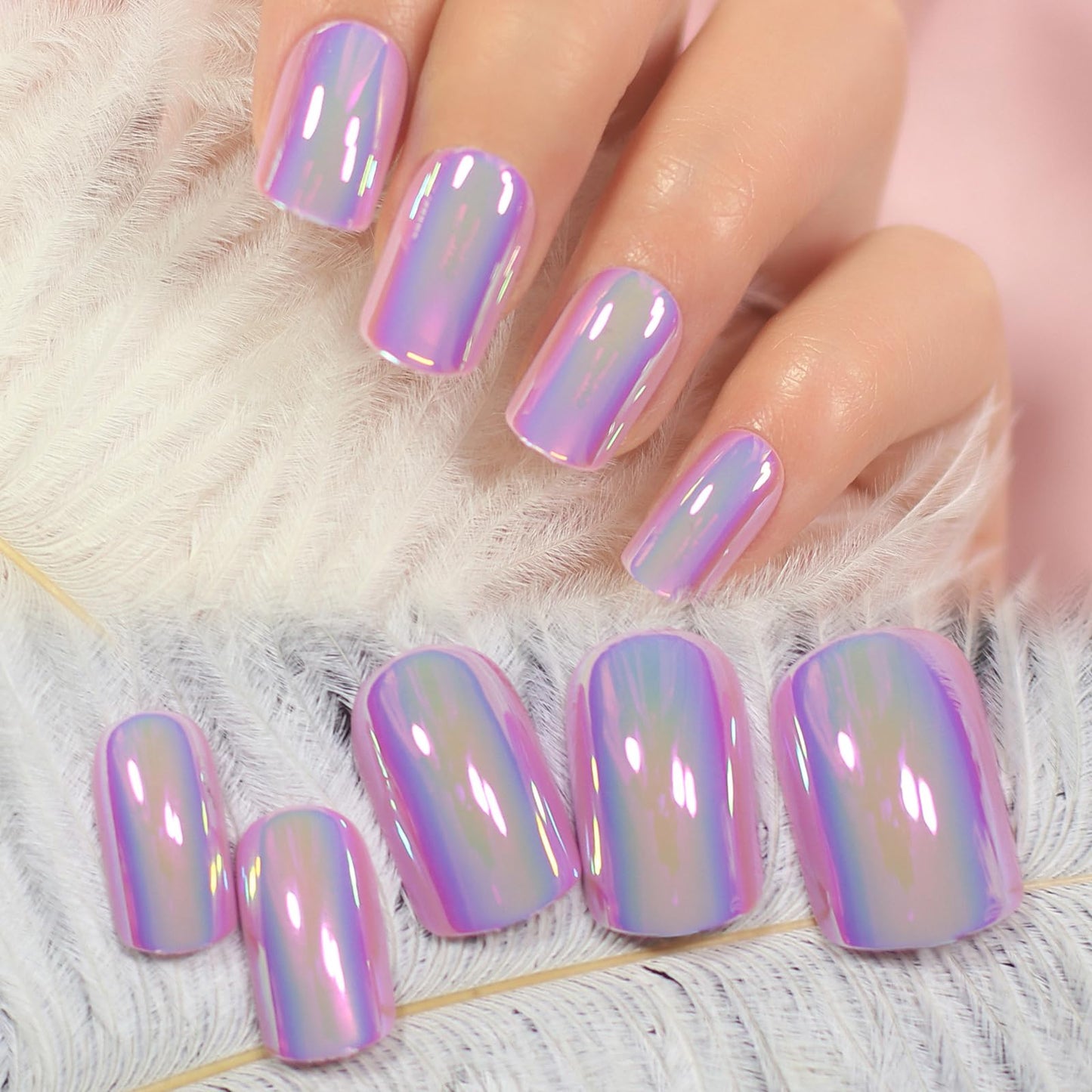iBeautying Press on Nails - Metallic Mirror Purple Pink False Nails | Punk Metal Chrome Finish Short Reusable Fake Nails 24pcs Kit with Jelly Glue Pad