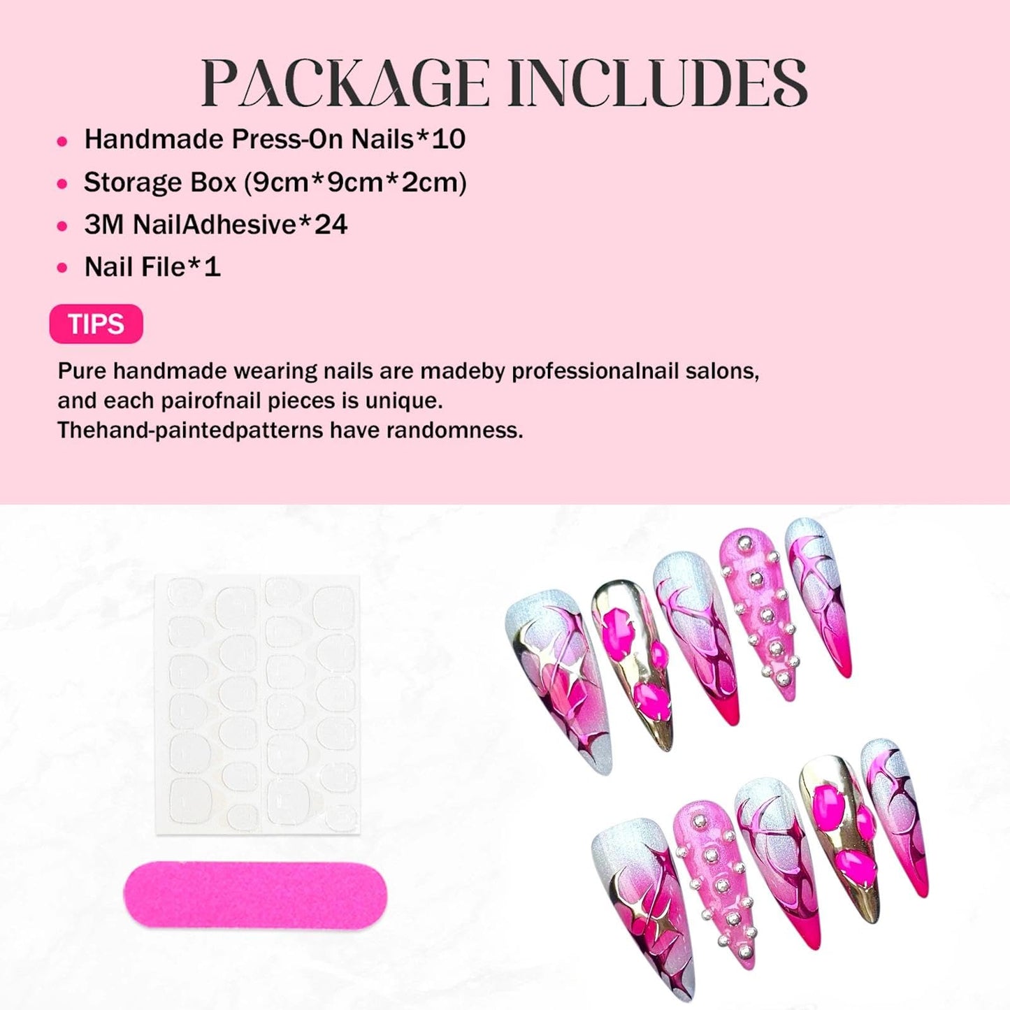 Handmade 3D Pink Silver Future Tech Stiletto Press On Nails, Metallic Rivet Rhinestone Sweet Cool Artisan Nails Set, Reusable Glossy Press-ons with Tool Kit(M)