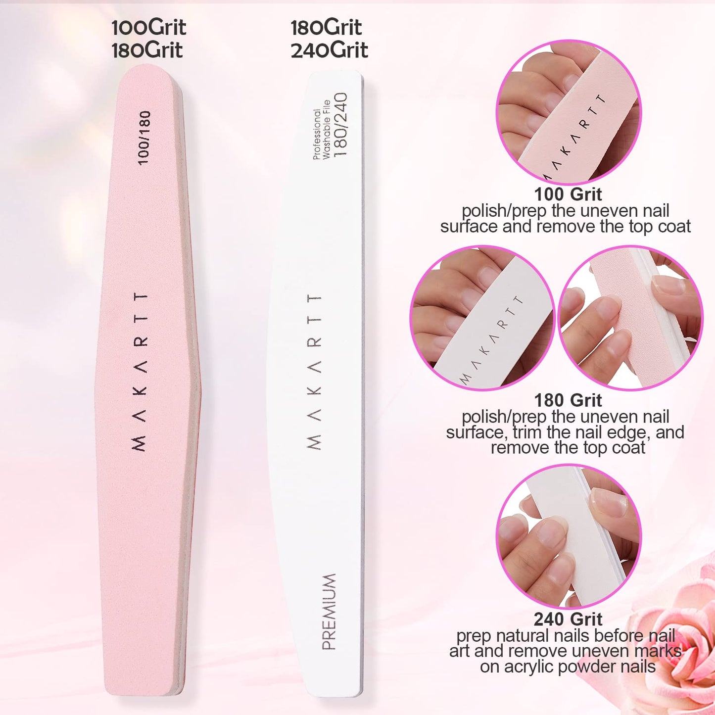 Makartt Nail File and Buffer, Pink Basic Nail Prep Kit with Cuticle Trimmer Bundle with Nail File 80 80 Grit Emery Boards for Nails 10pcs Nail Files for Acrylic Nails