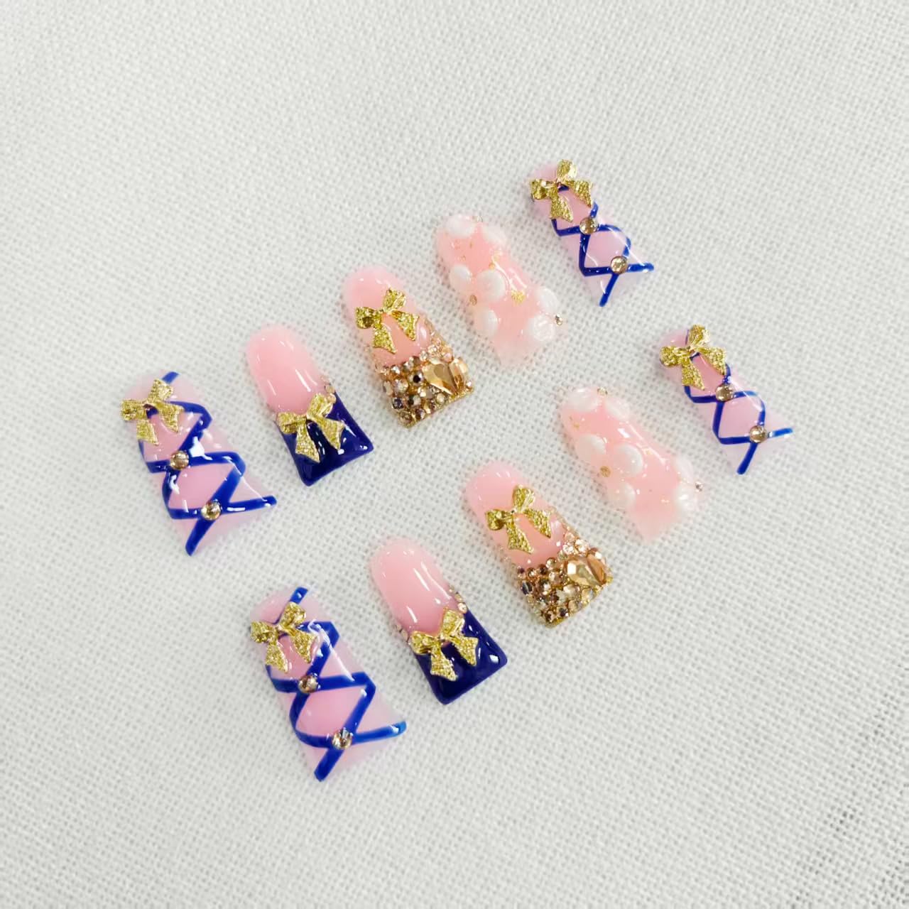 10Pcs Press on Nails Long Duck Handmade Fake Nails Blue French 3D Gilded Bow False Nails with Rhinestones Designs Reusable Artificial Luxury Acrylic Nails Press ons for Women Manicure (Size M)