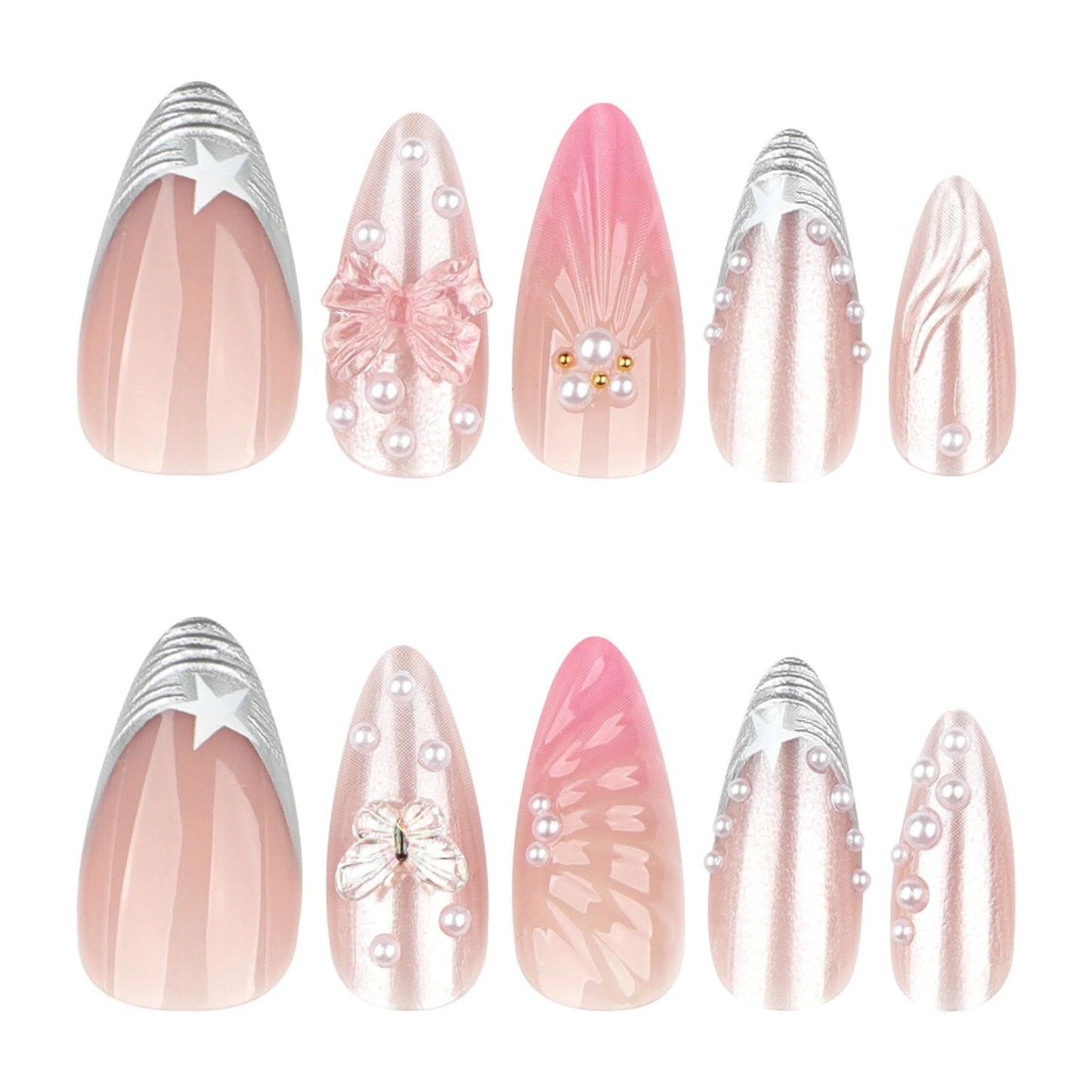 Long Press on Nails Almond Fake Nails Pink Artificial Nail Seeneey Pearl and Silver Charm Designs Beach Stick on Nail for Women 24pcs
