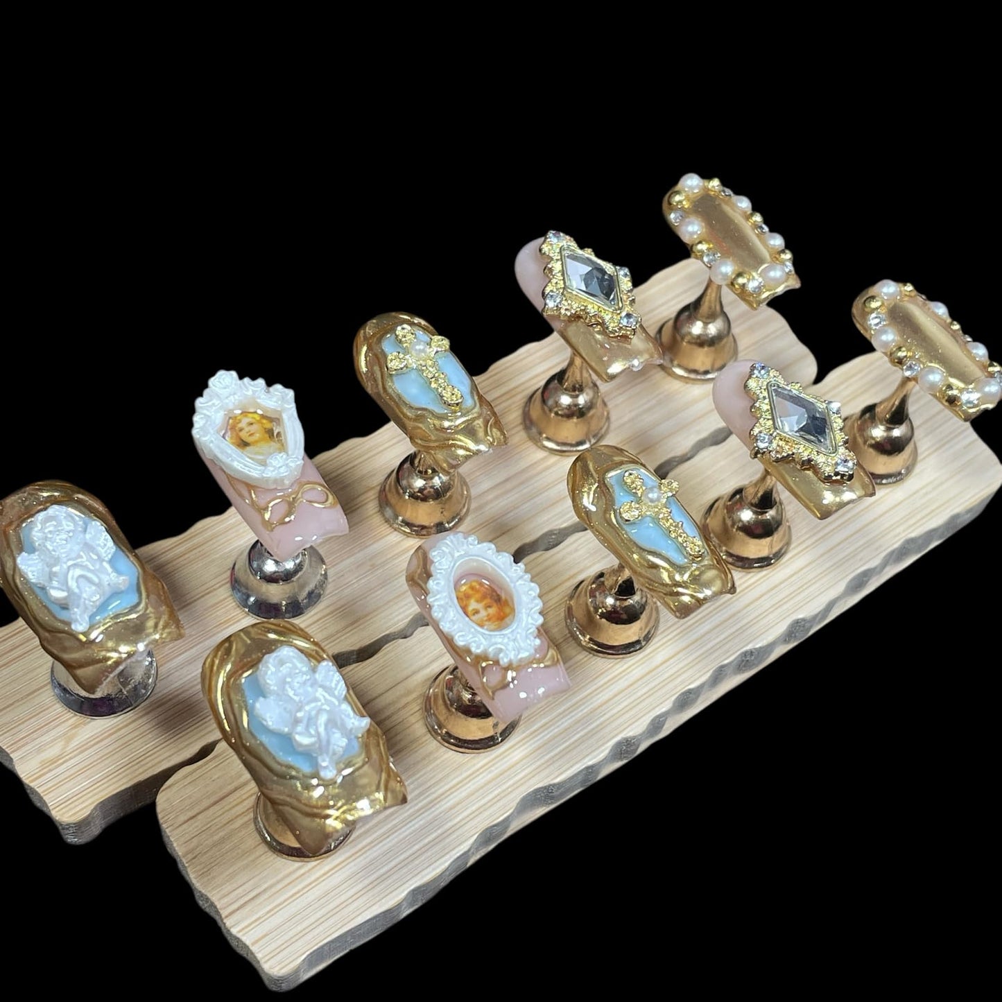 Handmade Press On Nails Luxury Baroque Gold Cross, Cherubs & Pearl Frames | Medium/Short Square | Reusable Thick Acrylic False Nails (Baroque, M)