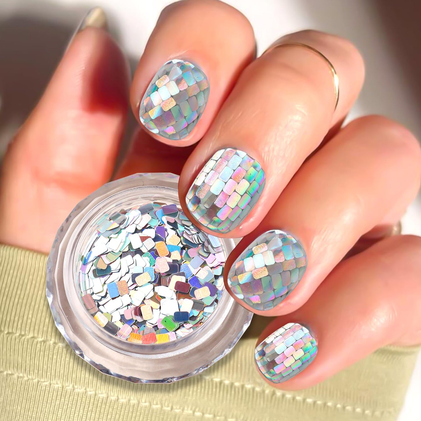 Laser Square Nail Glitter Flakes, Holographic Silver 3D Nail Sequins Rectangle Shape Sparkly Paillettes Acrylic Nail Charms Supplies for Women Girls Manicure Decorations